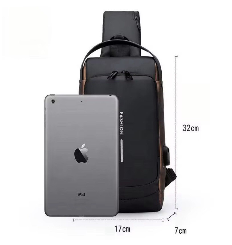 Men’s Water Resistant Sling Bag Crossbody Chest Pack USB Port Zip Grey