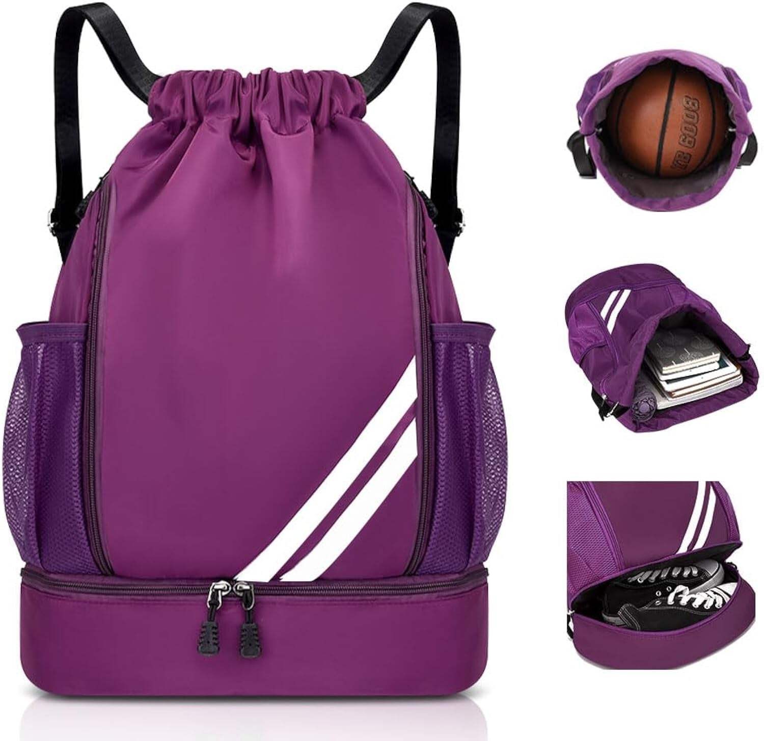 Ball Bag Drawstring Backpack, Sports Gym Bag with Shoes Compartment Side Mesh Po