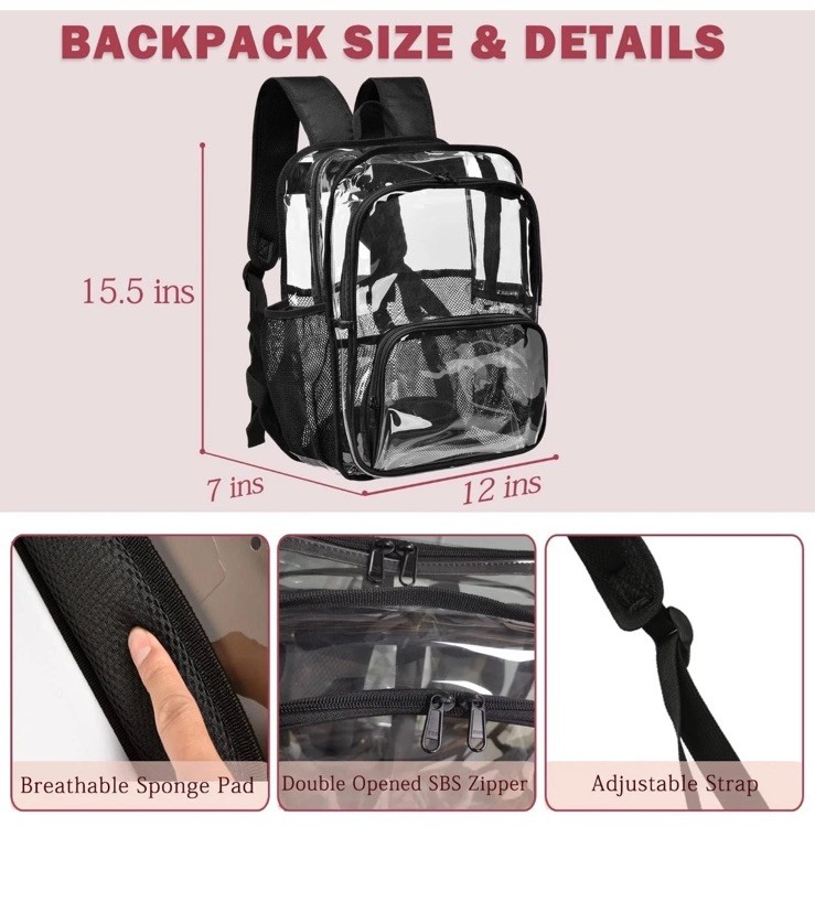 Clear Backpack, 15” Clear/Black Backpacks for School Heavy Duty See Through New