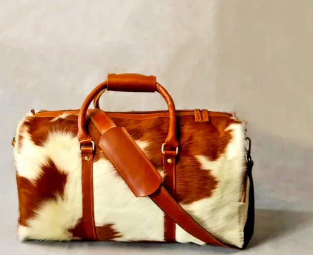 Brown White Hair On Cowhide Leather Duffle Bag Men Women Travel Weekender Overni