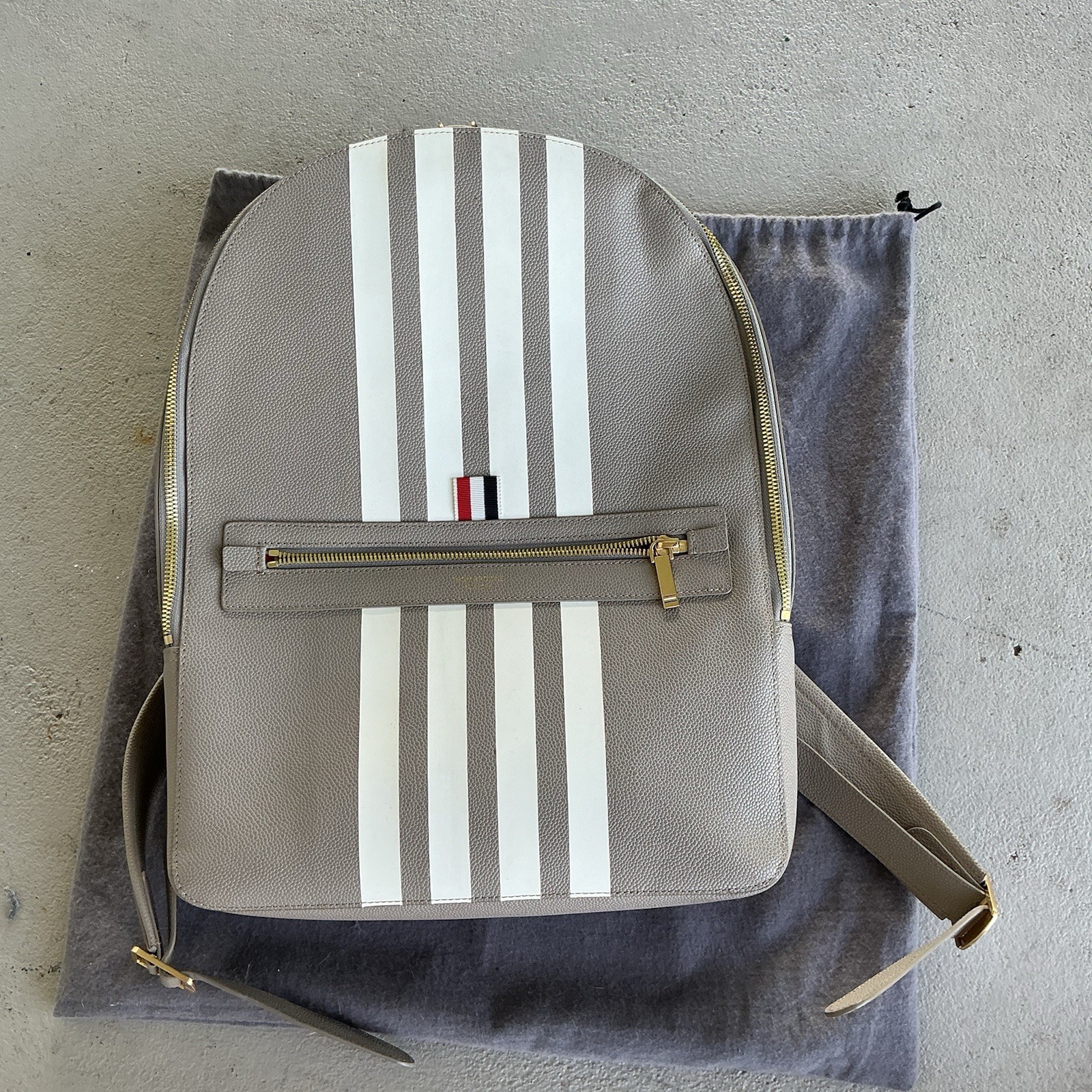 Thom Browne Gray/White Striped Zip Backpack Gold Hardware Dust Bag Pockets