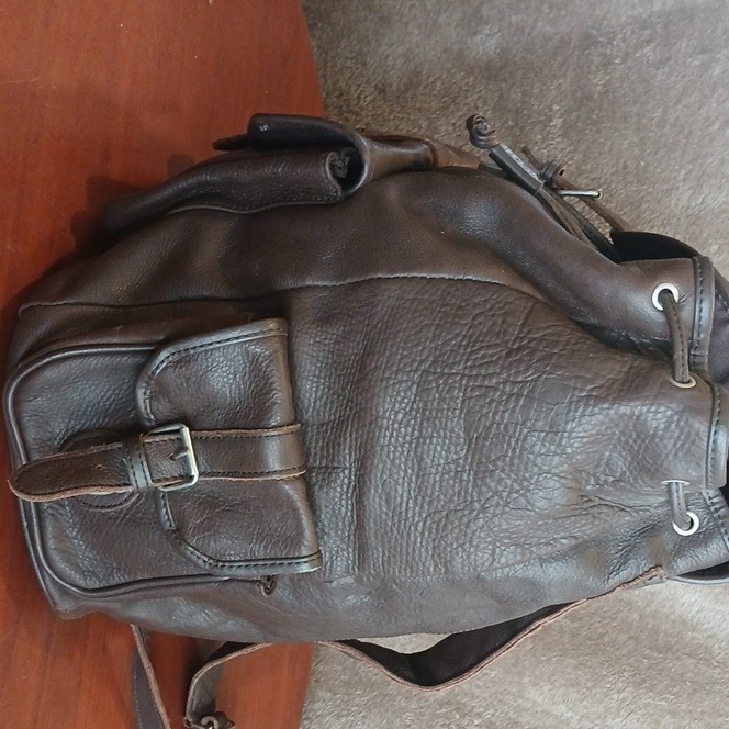 Brown Drawstring Backpack w/ Buckle & Zip, Adjustable Straps, Pocket Leather