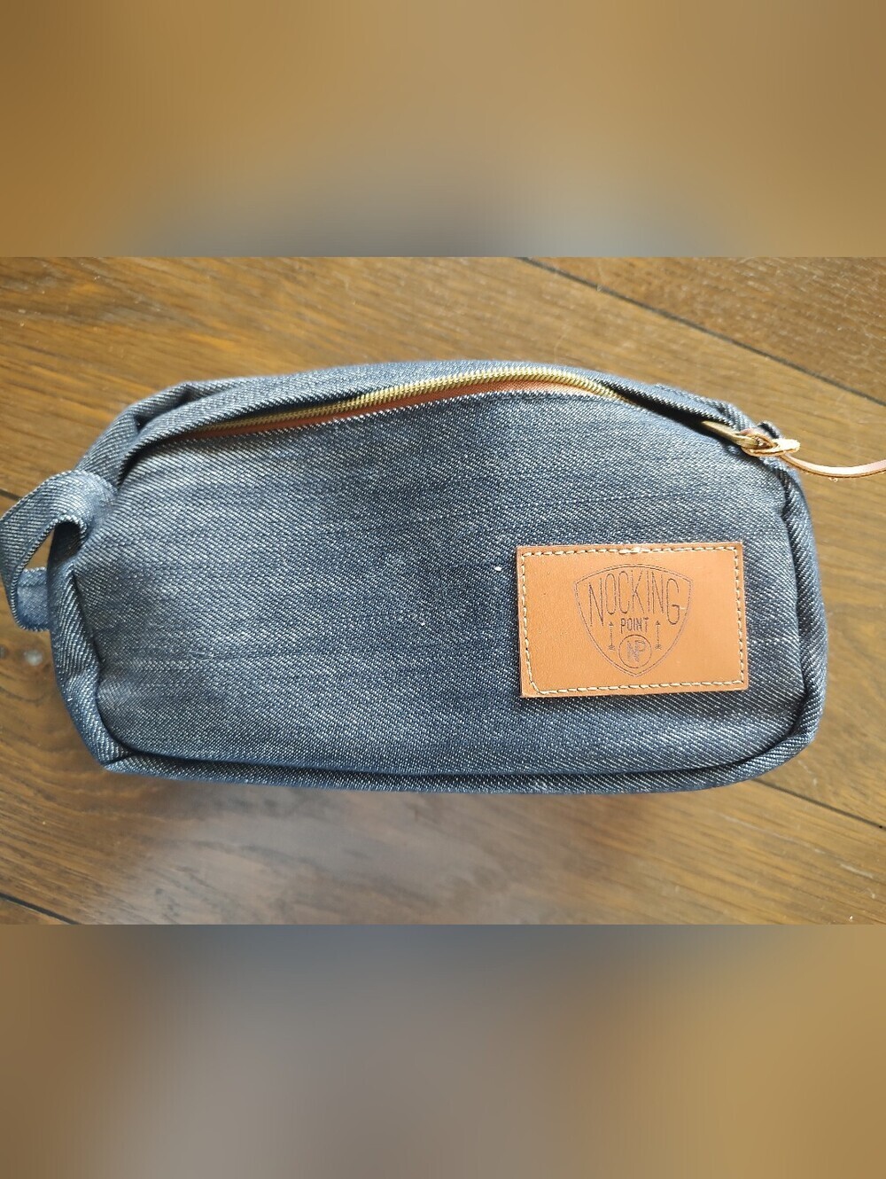 Knocking Point : Grey Denim Toiletry Dopp Kit with Leather Patch
