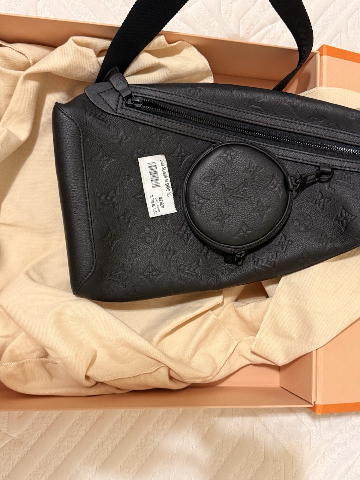Louis Vuitton Black Monogram Embossed Duo Sling Bag w/ Adjustable Strap & Coin