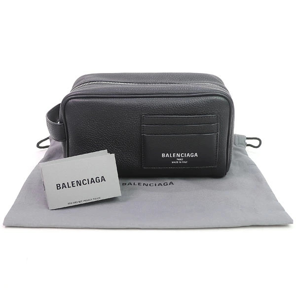 BALENCIAGA Credit Toiletry Pouch Noir Grain Calfskin Logo Print Clutch Bag