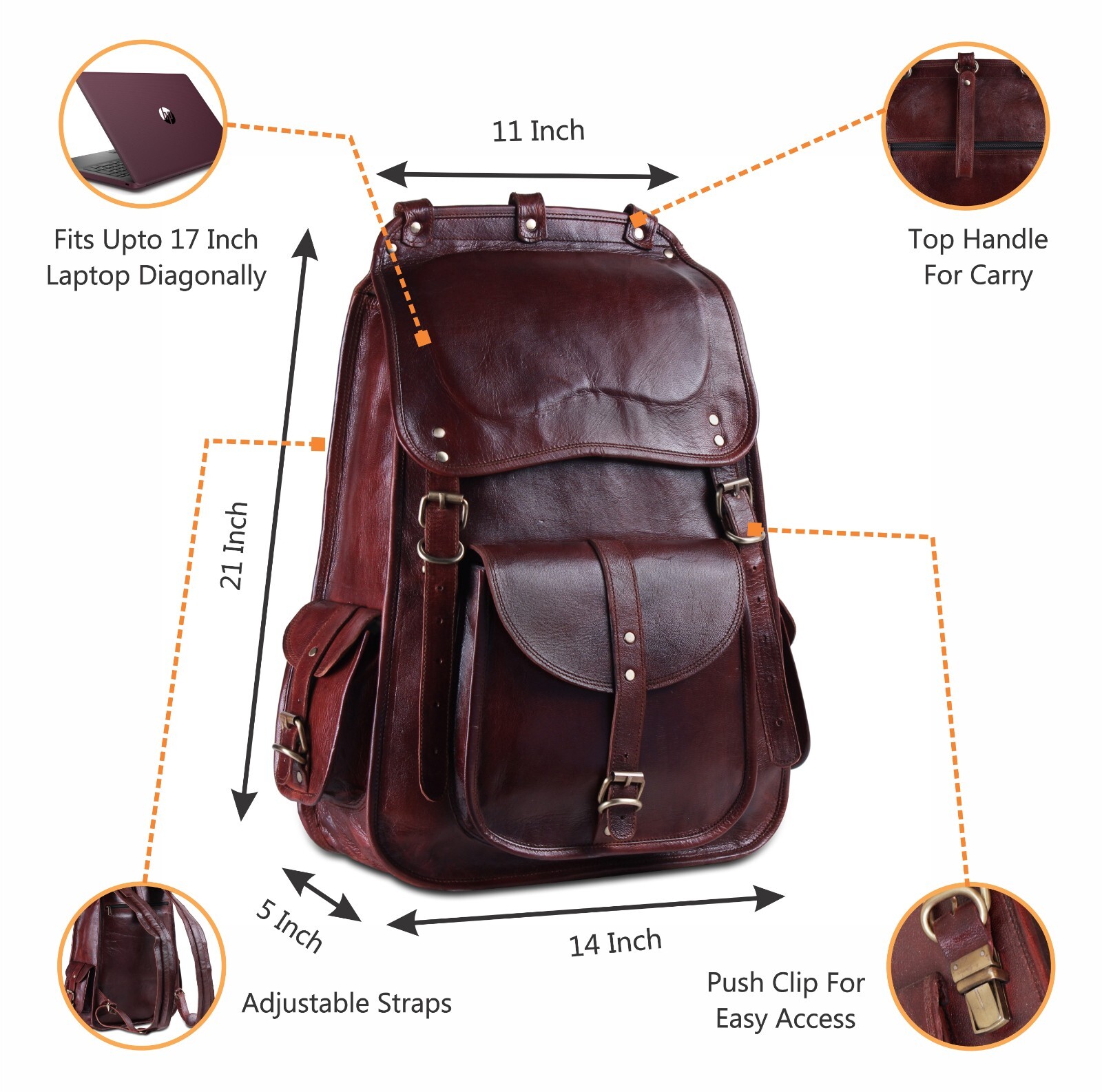 Leather Bag Backpack Rucksack Handmade World Brown Fits 21″ Laptop