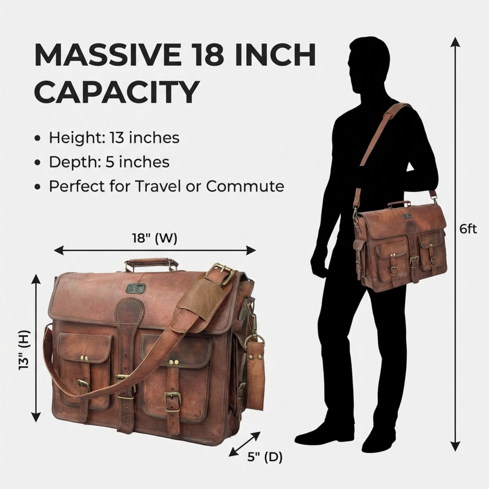 Handmade Leather Messenger Bag, 18 Inch Laptop Satchel, Vintage Brown adjustable