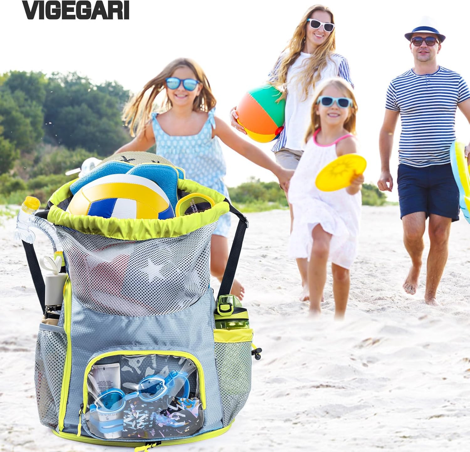Mesh Drawstring Backpack with Shoe Compartment, Wet Pocket Beach Swim Bag