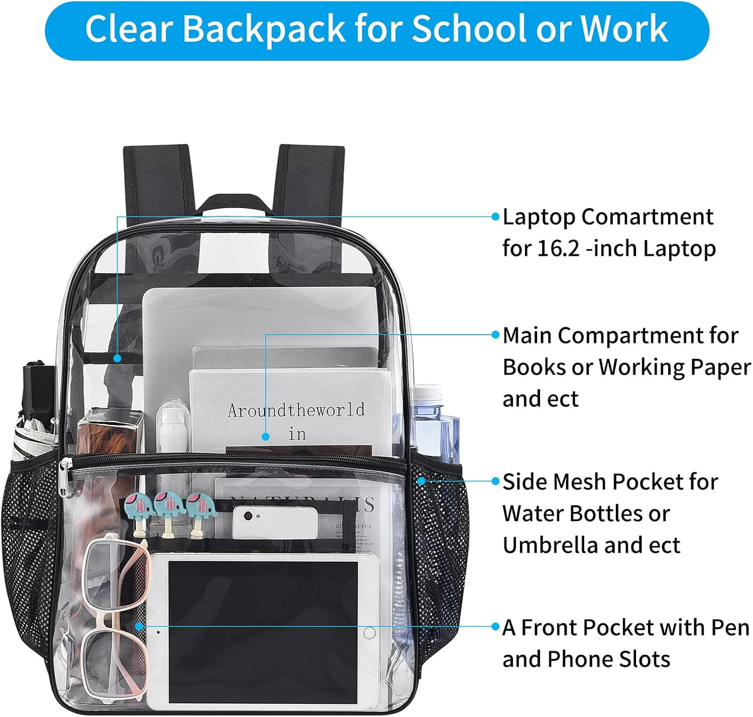 Clear Backpack for Stadium Approved 12×6×12, Water Proof Clear Bag for Stadium E