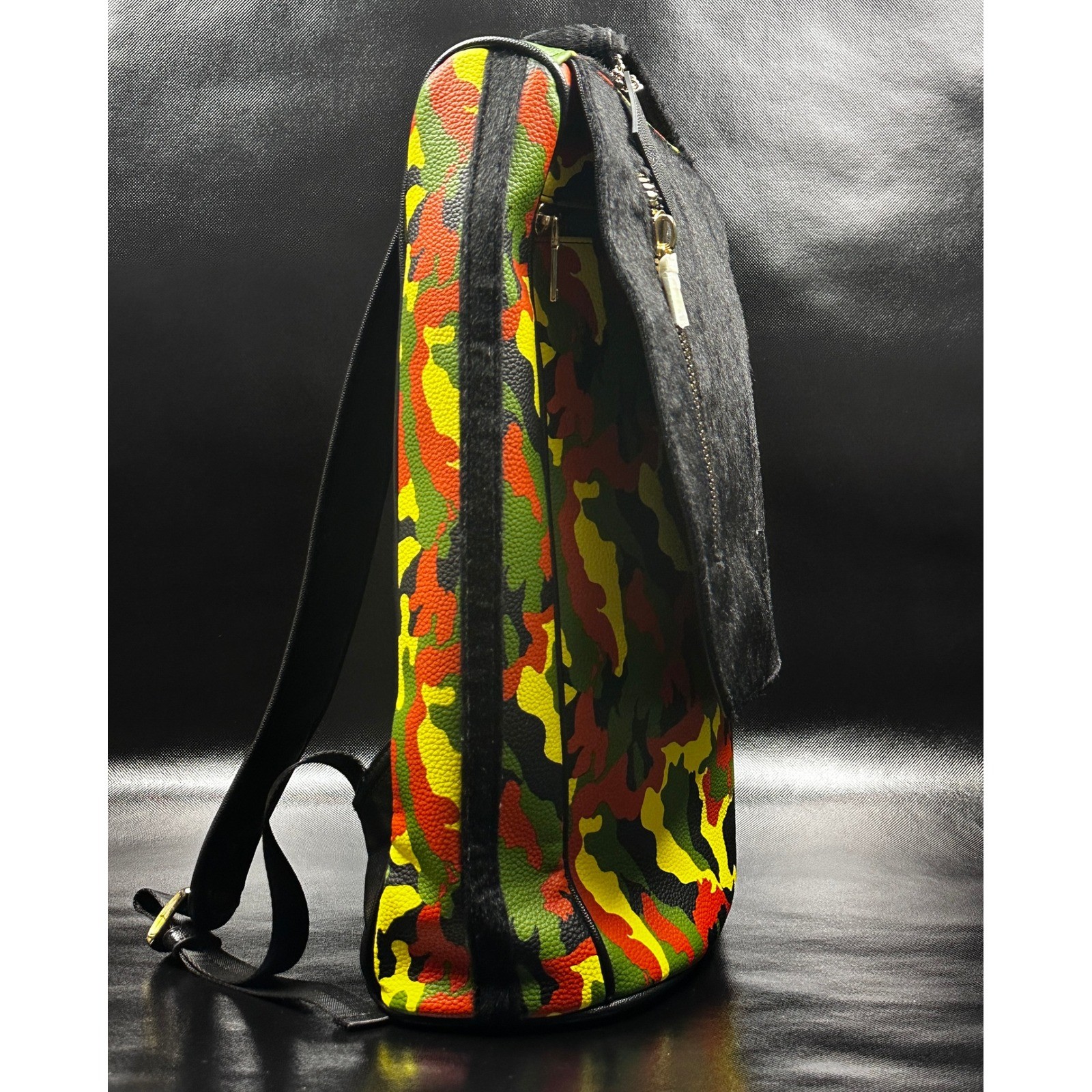 Colorful Camo Flap Backpack – Front Zipper Pocket, Faux Leather, Multicolor