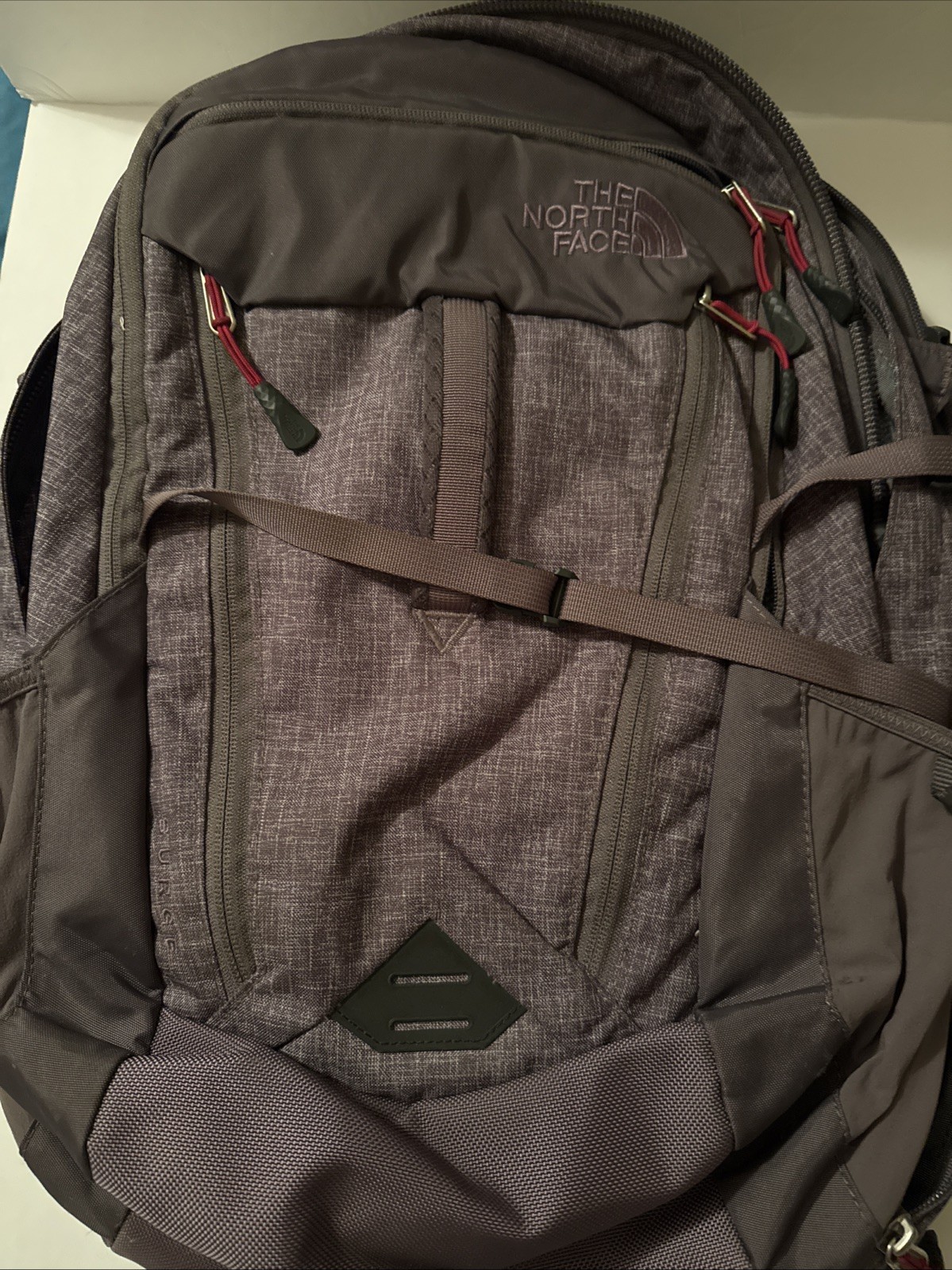 North Face Surge Backpack FlexVent Multi Pocket Laptop Padded Adjust Gray Red