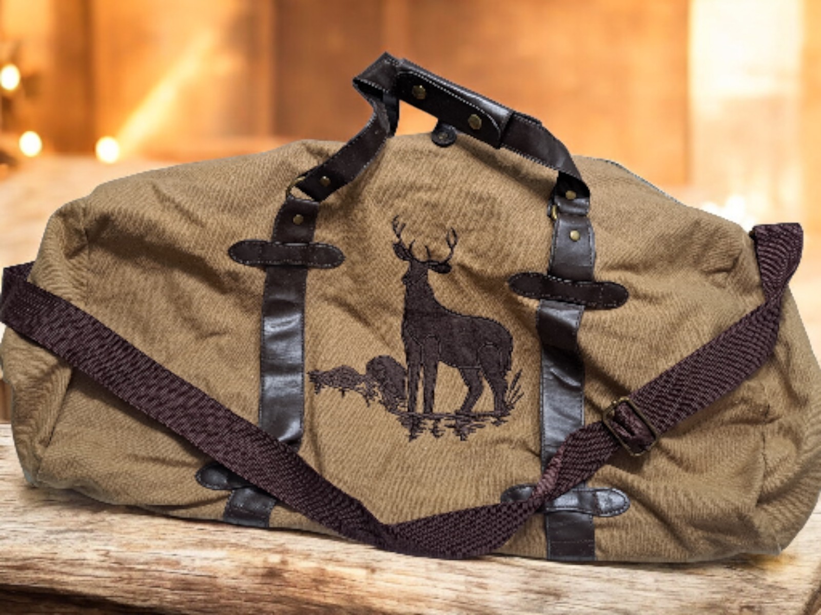 Woodland Creek Embroidered Tan Canvas Faux Leather Duffle Bag Approx 22″x12″