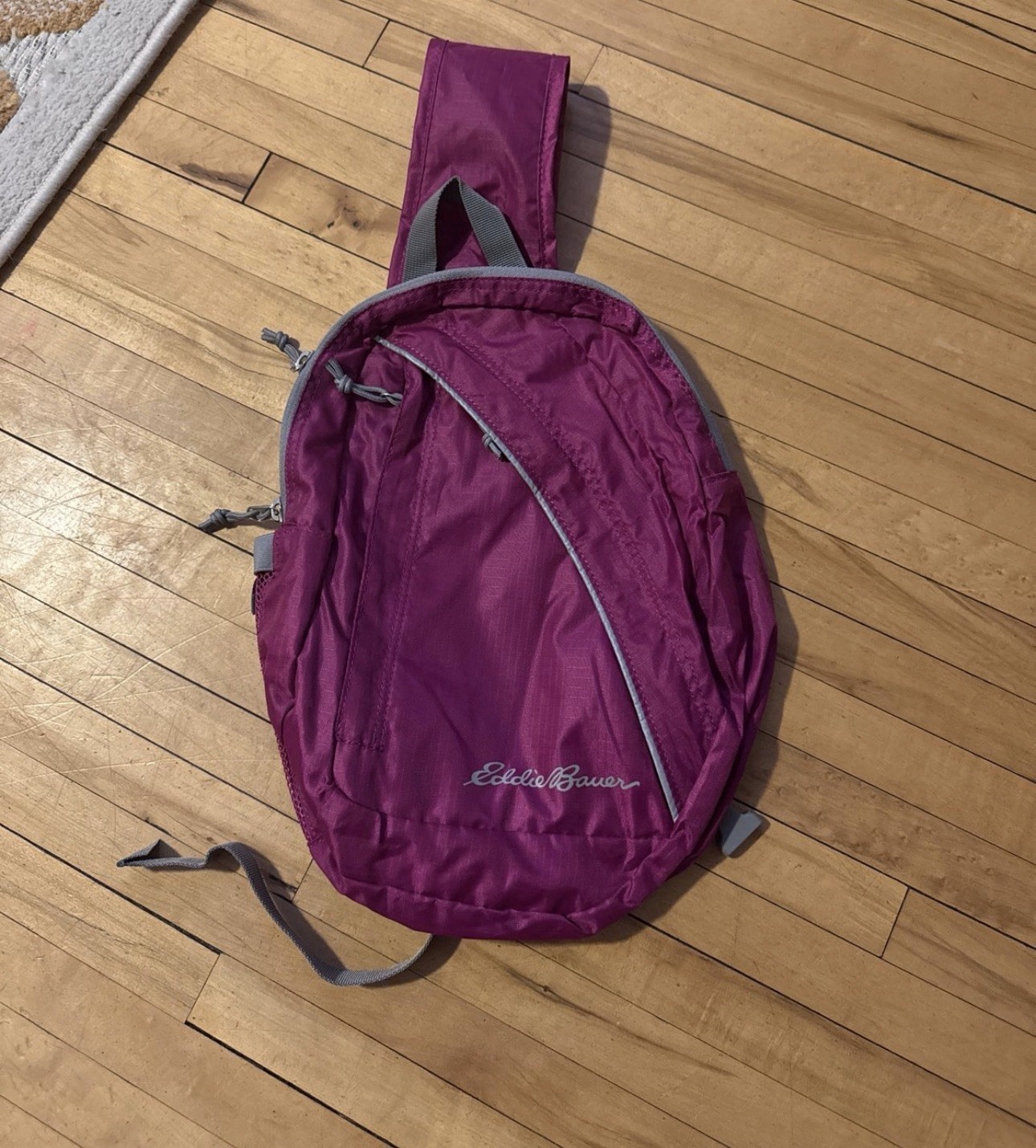 Eddie Bauer Purple Gray Sling Bag Adjustable Strap Zipper Closure Casual Travel