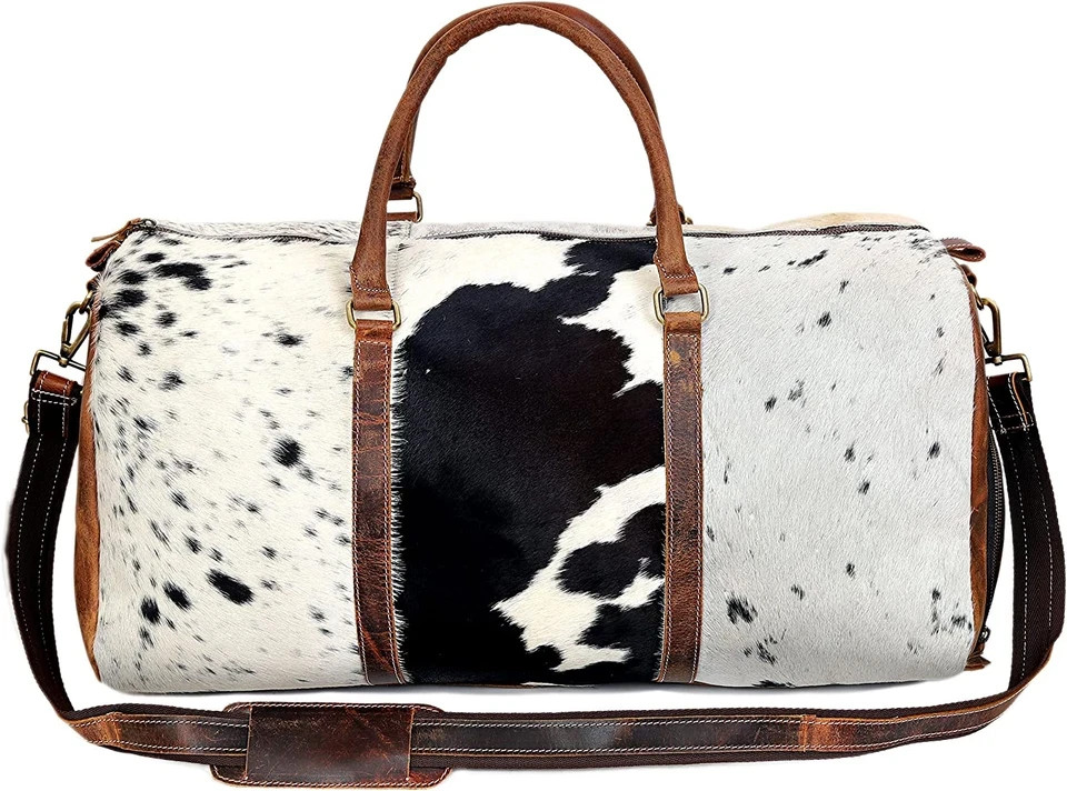 CLA Cowhide & Leather Travel Bag, Hair on Leather Duffel Bag for Men, Leather Du