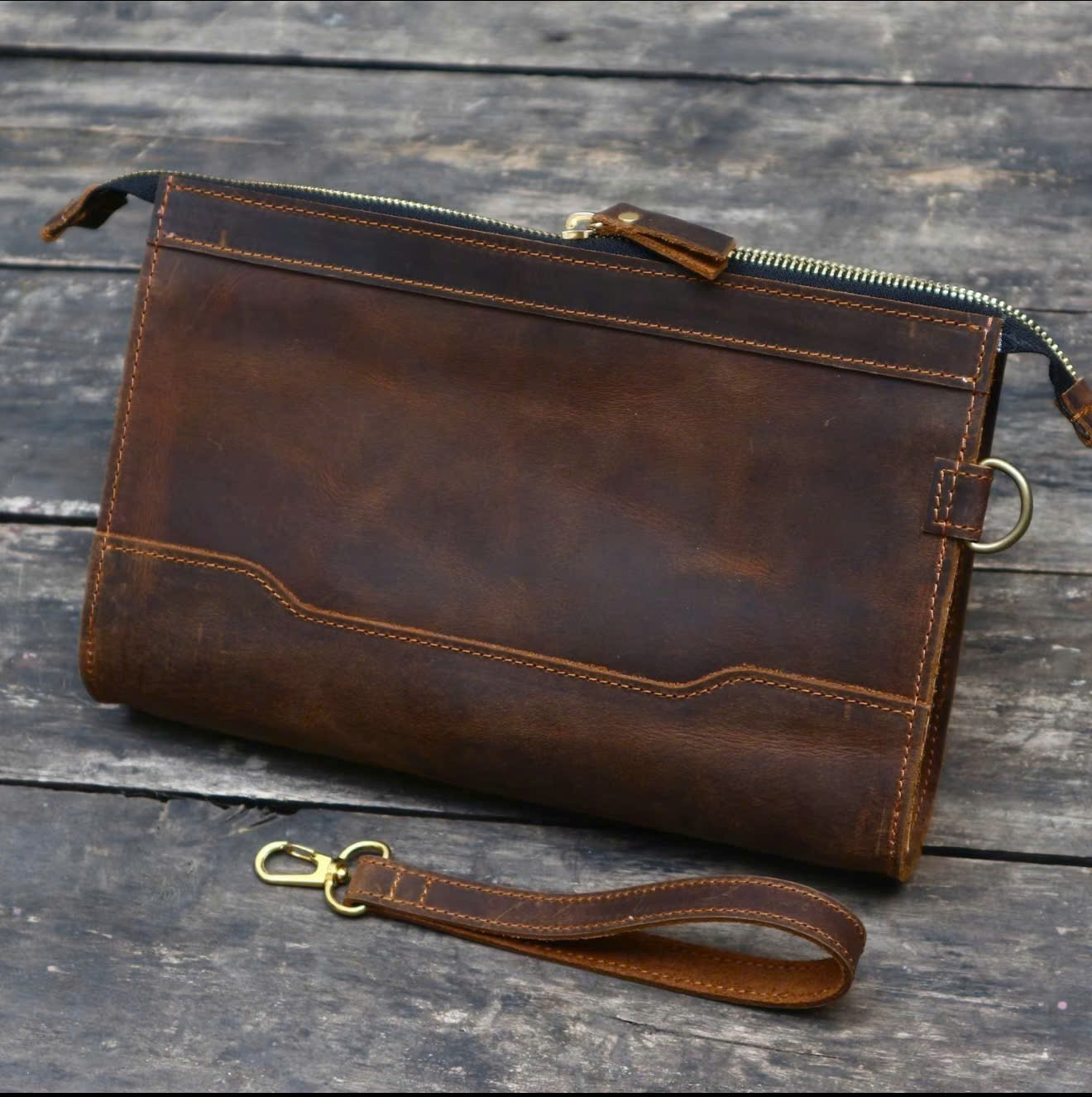 Genuine leather clutch with zipper and card slots