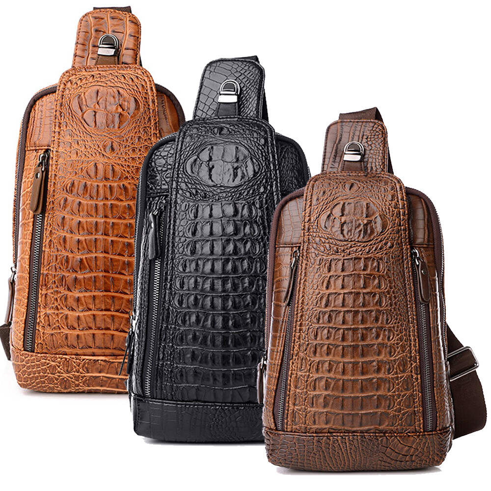 Men Crocodile Leather Chest Shoulder Backpack Bag Crossbody Travel Sport Daypack