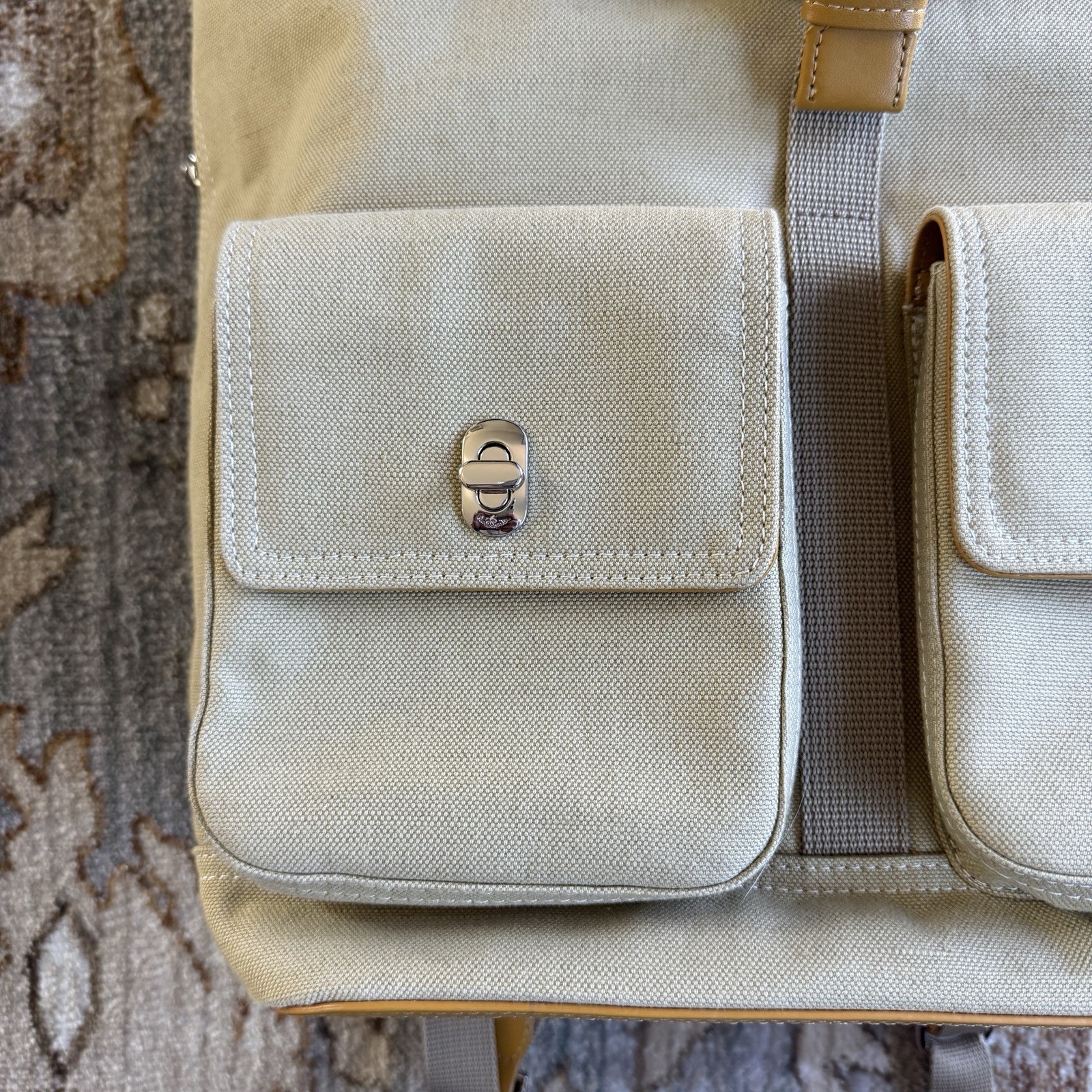 Paul Smith Canvas Backpack In Sand Beige Cotton Linen Blend Leather Trim $675