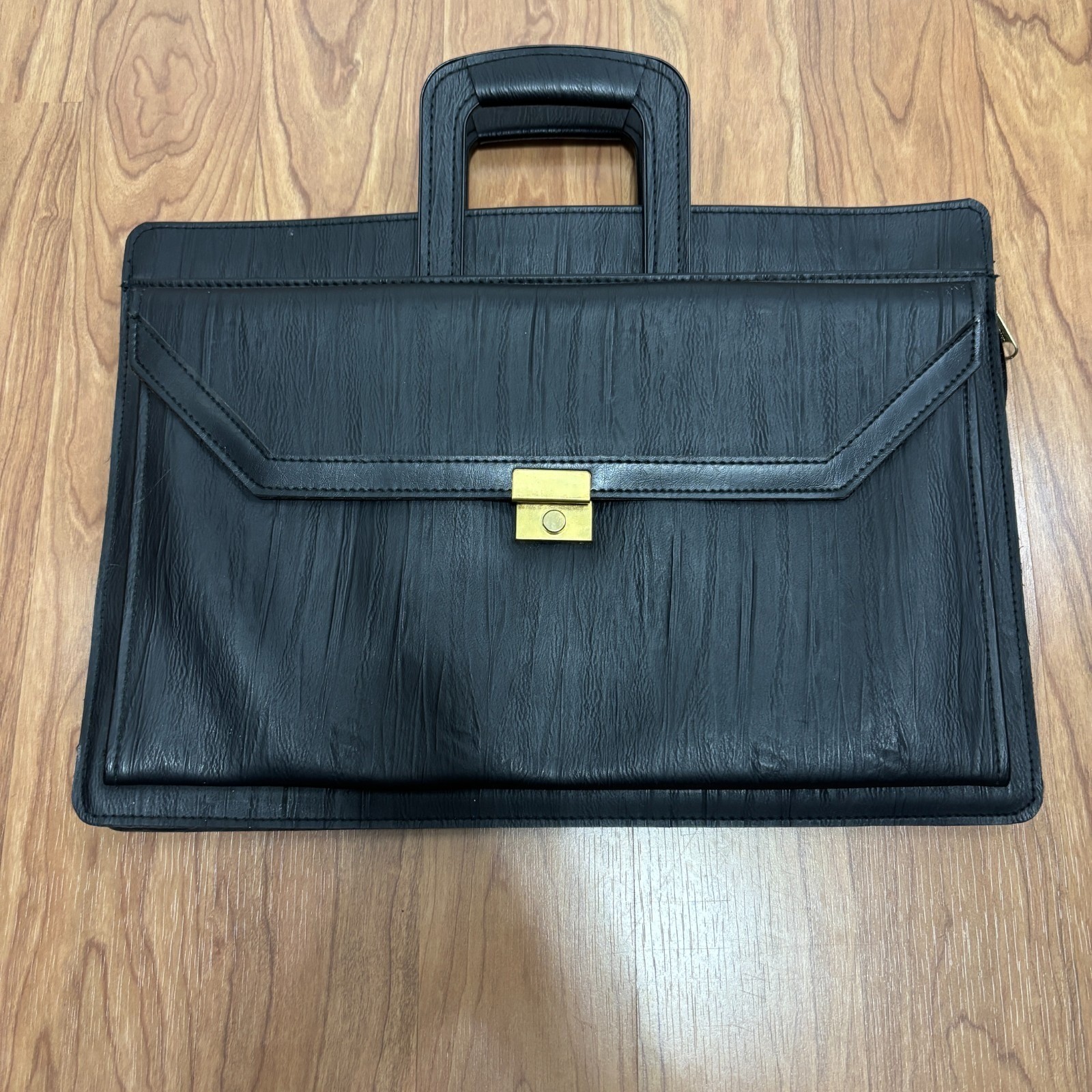 Laptop Briefcase Black Textured Faux Leather Gold Hardware Professional Retro