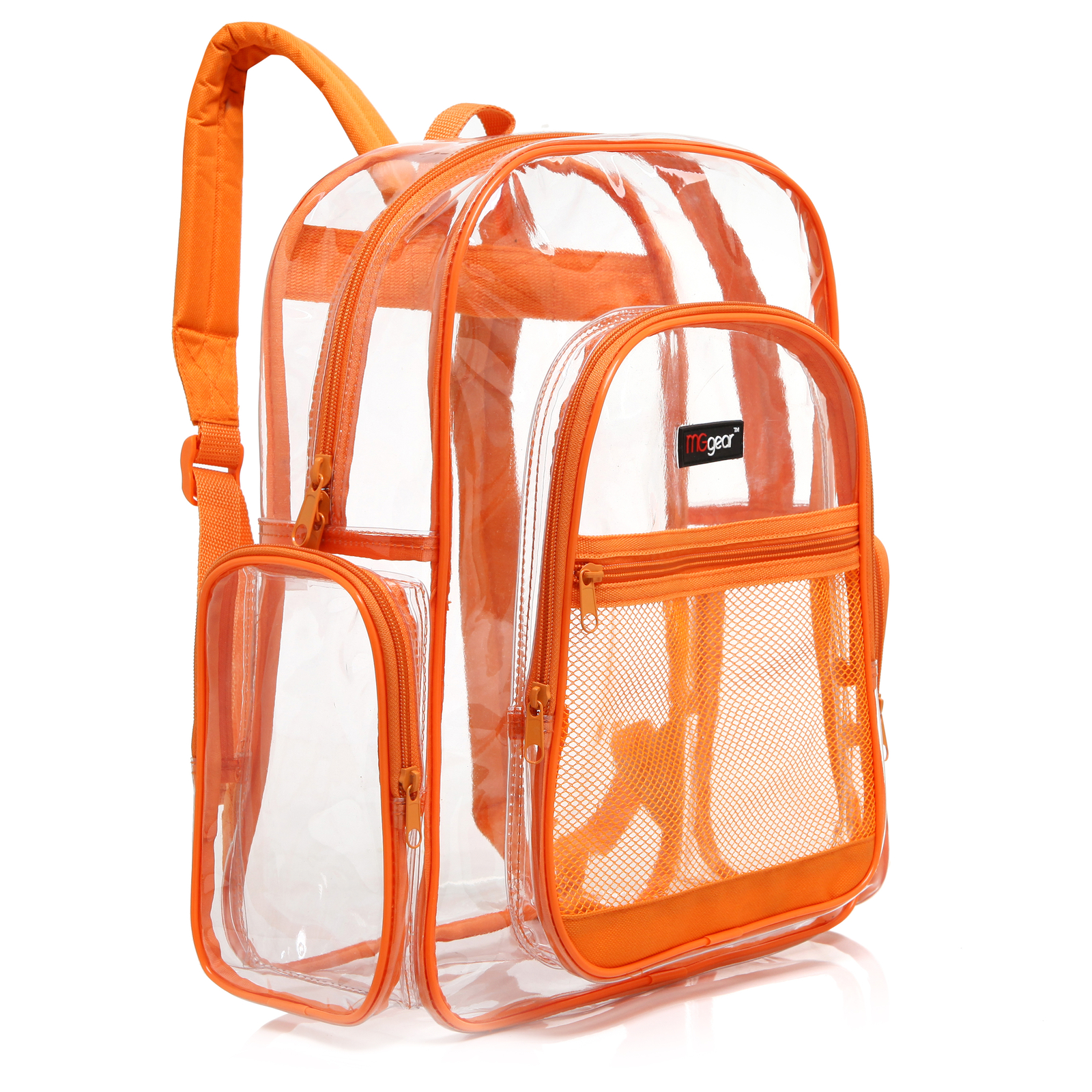 Clear Backpack with Orange Trim, Heavy Duty PVC Transparent, School Sporting Bag