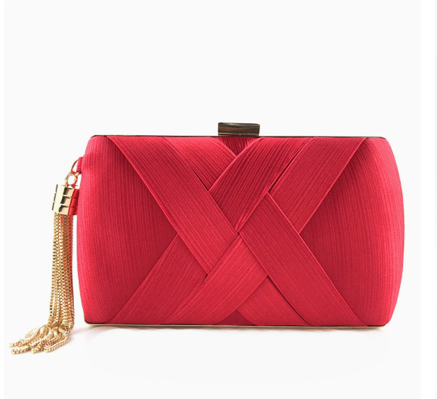 Women Satin Evening Clutch Bag Elegant Pleated Bridal Party Purse With Tassel