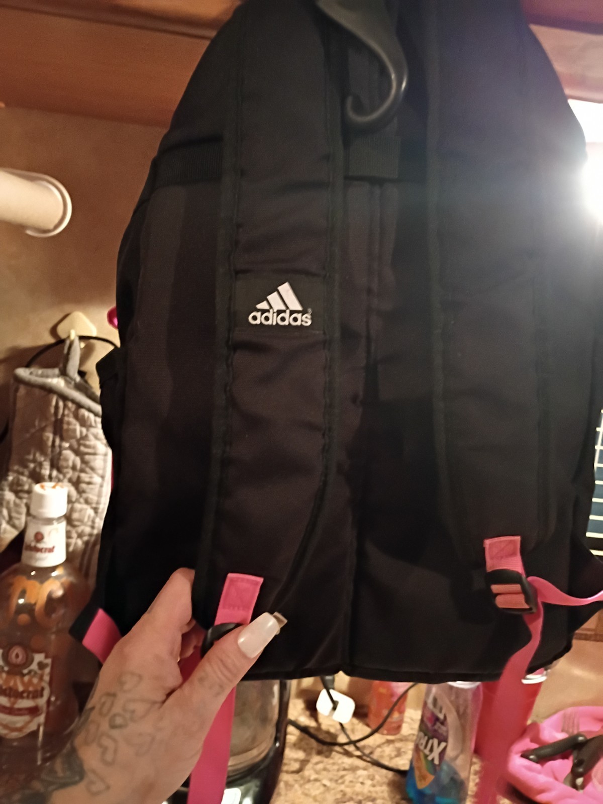 adidas Black/Pink Drawstring Backpack Large Unisex Adjustable Straps Pockets