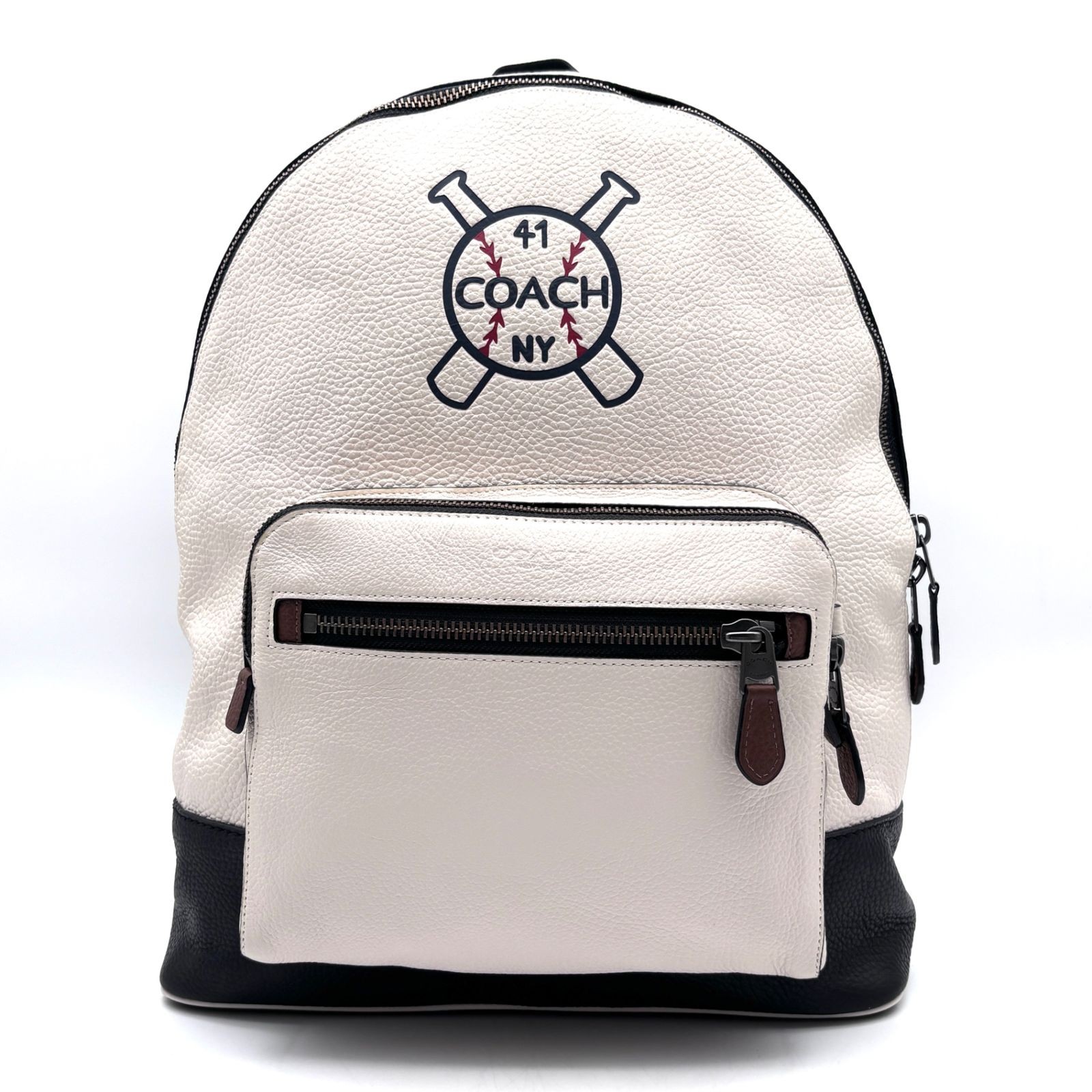 Coach Baseball Applique Leather Backpack Unisex White Black Large Capacity