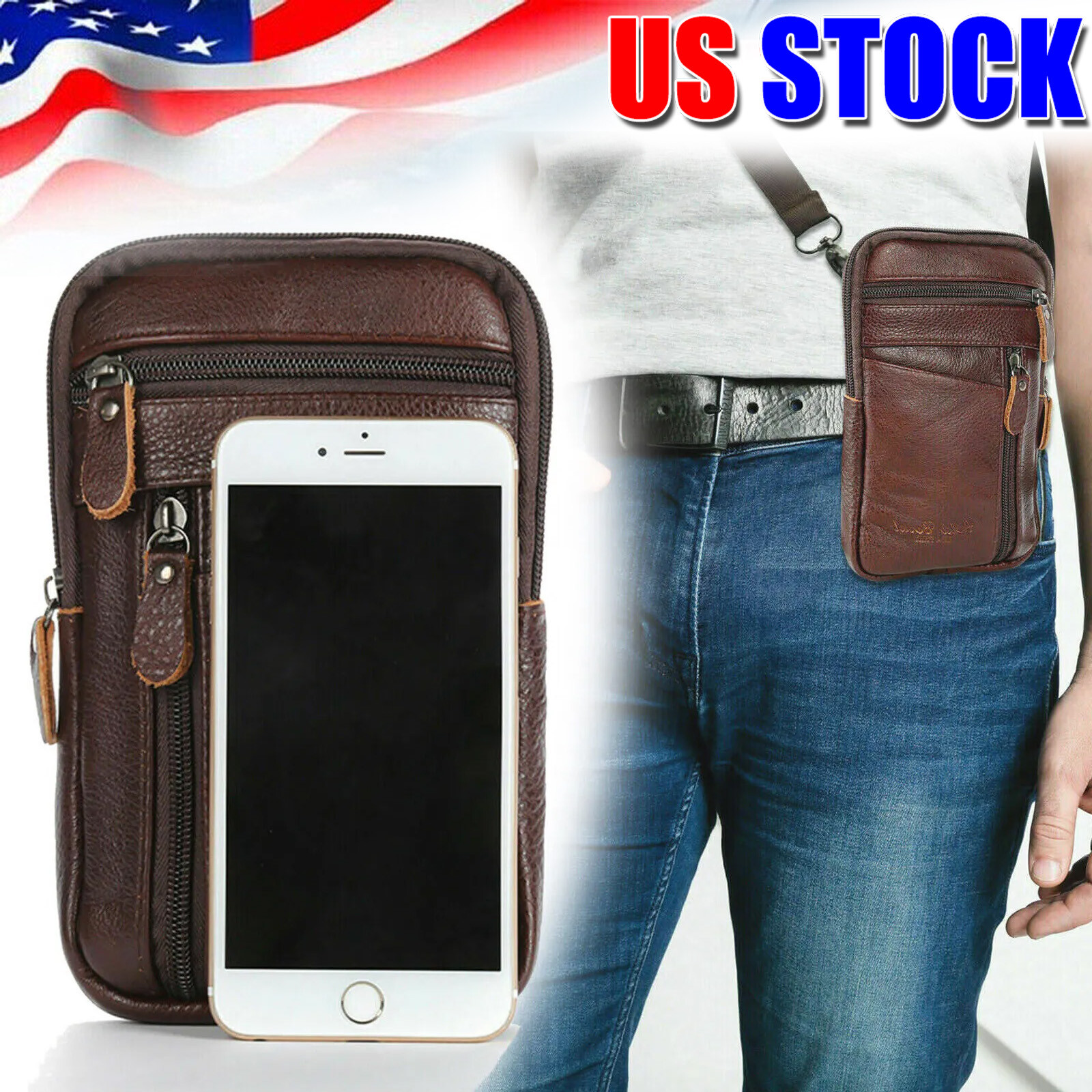 Leather Crossbody Shoulder Bags Men Belt Clip Phone Holster Case Belt Loop Pouch