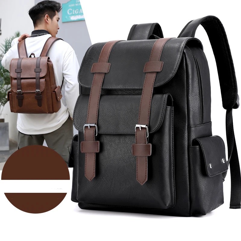 Men PU Leather Laptop Backpack Large Travel School Bag for Boys Black Brown