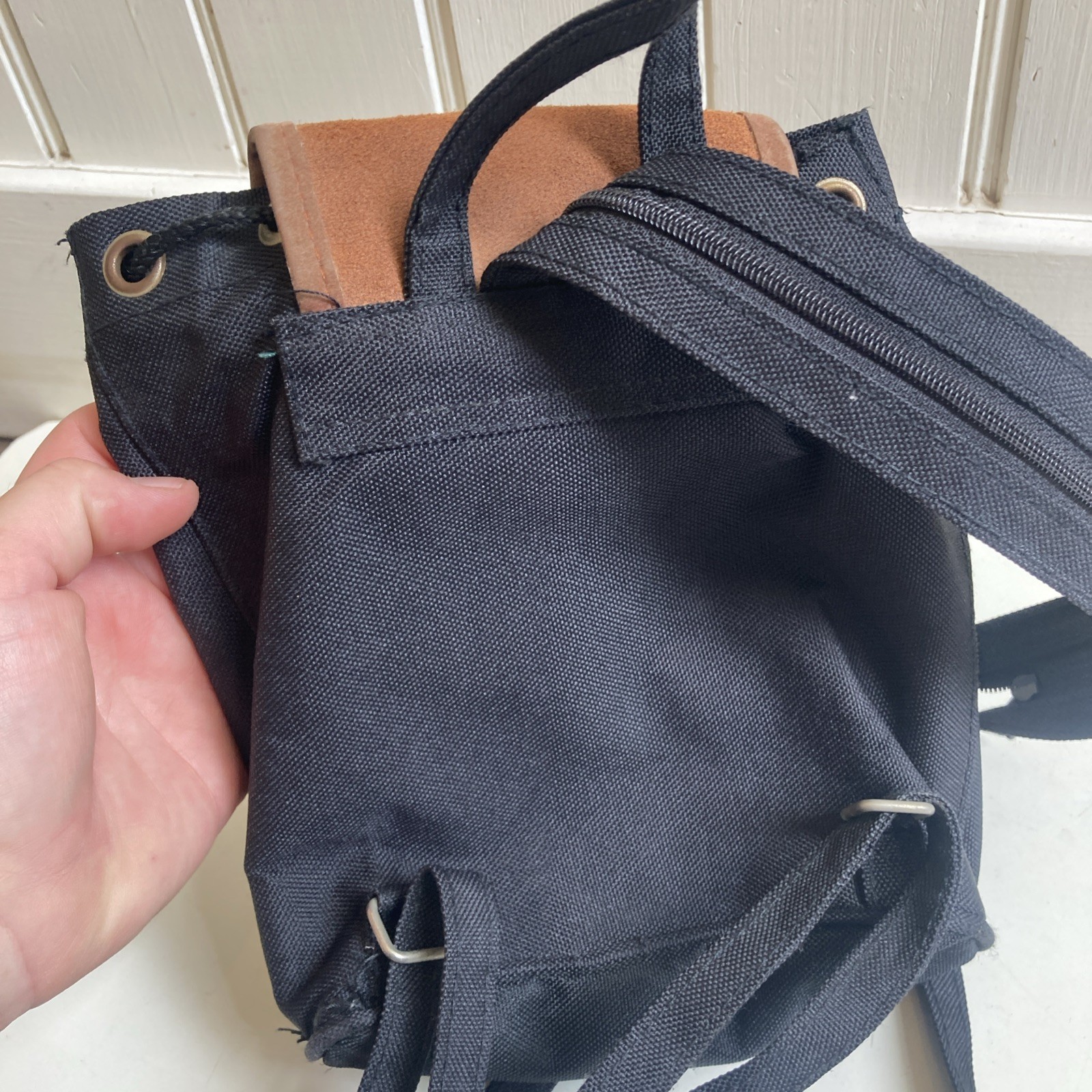 Vintage 90s Mini Suede & Canvas Backpack Black Purse Aztec Bottom Zipper Storage