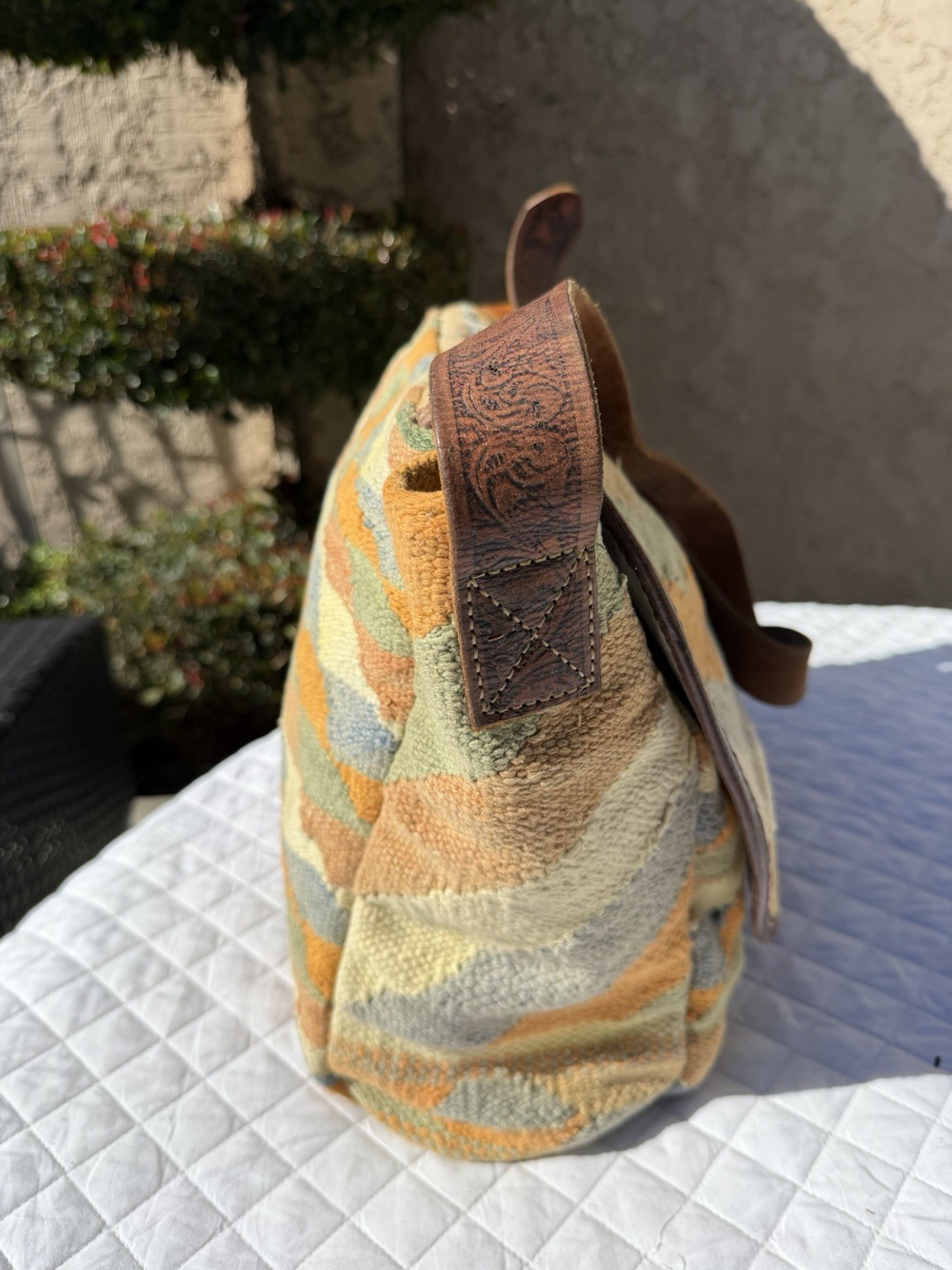 Will Leather Goods Dhurrie Tooled Messenger Bag Native American Woven Southwest