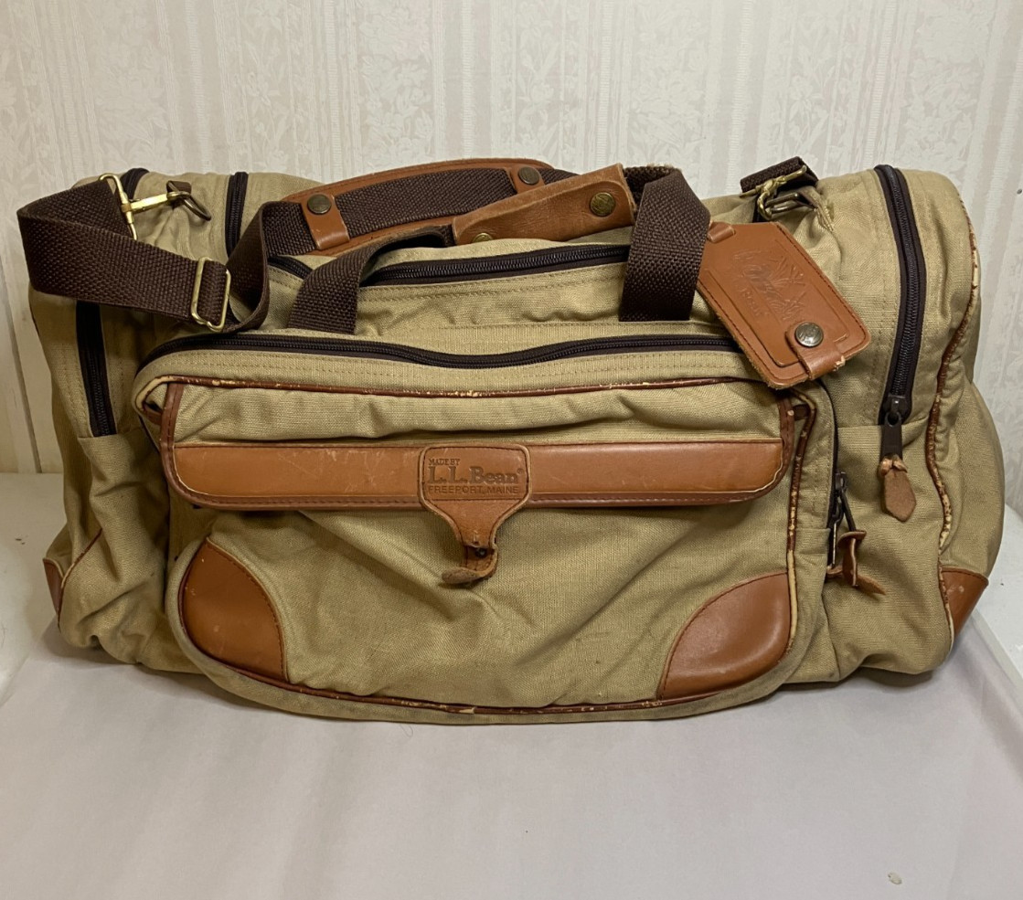 Vintage L.L.Bean Canvas Carry On Duffel Bag Tan w/ Leather Trim Strap & Tag