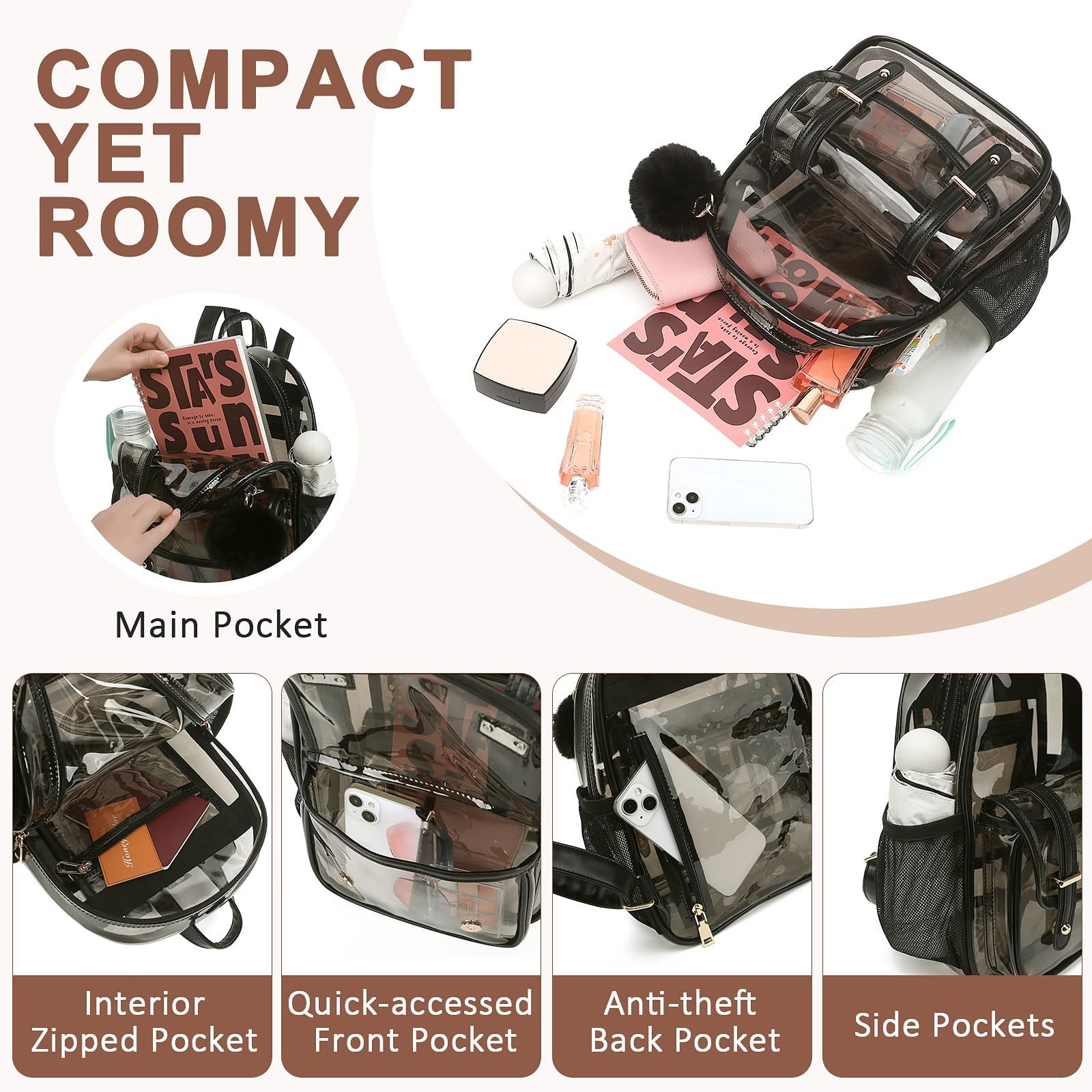 Clear Backpack for Stadium Events, 12x 12x 6 Small Transparent Backpack PVC M…