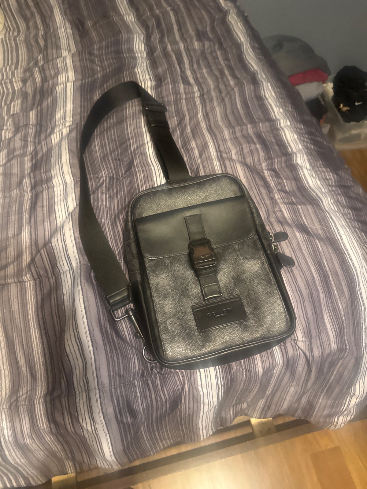Coach Men’s Track Pack Shoulder Bag Black Gray Signature Canvas C2711 SHIPS FREE