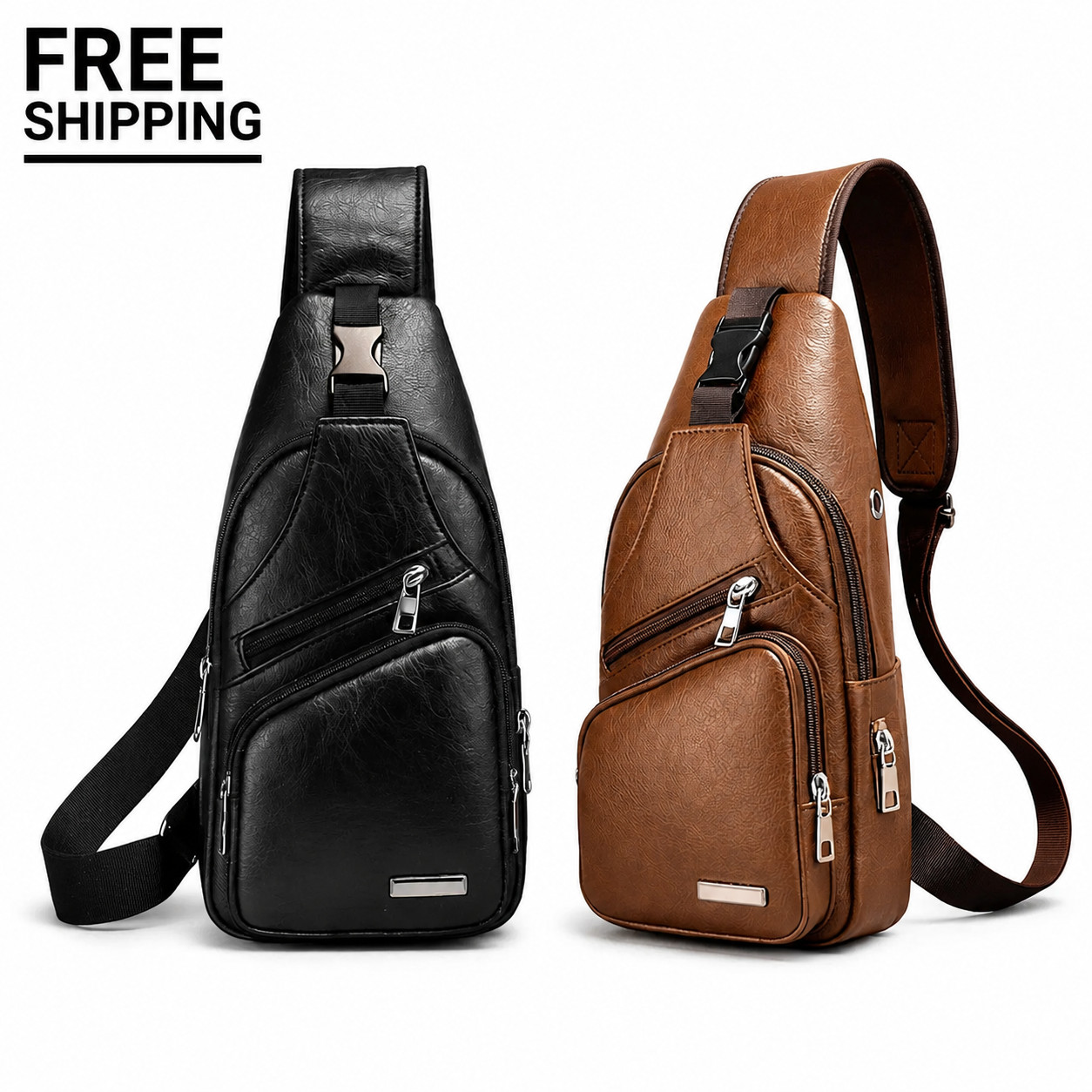 Men Sling Bag 2 Pack Black Brown Waterproof Crossbody USB Chest Backpack