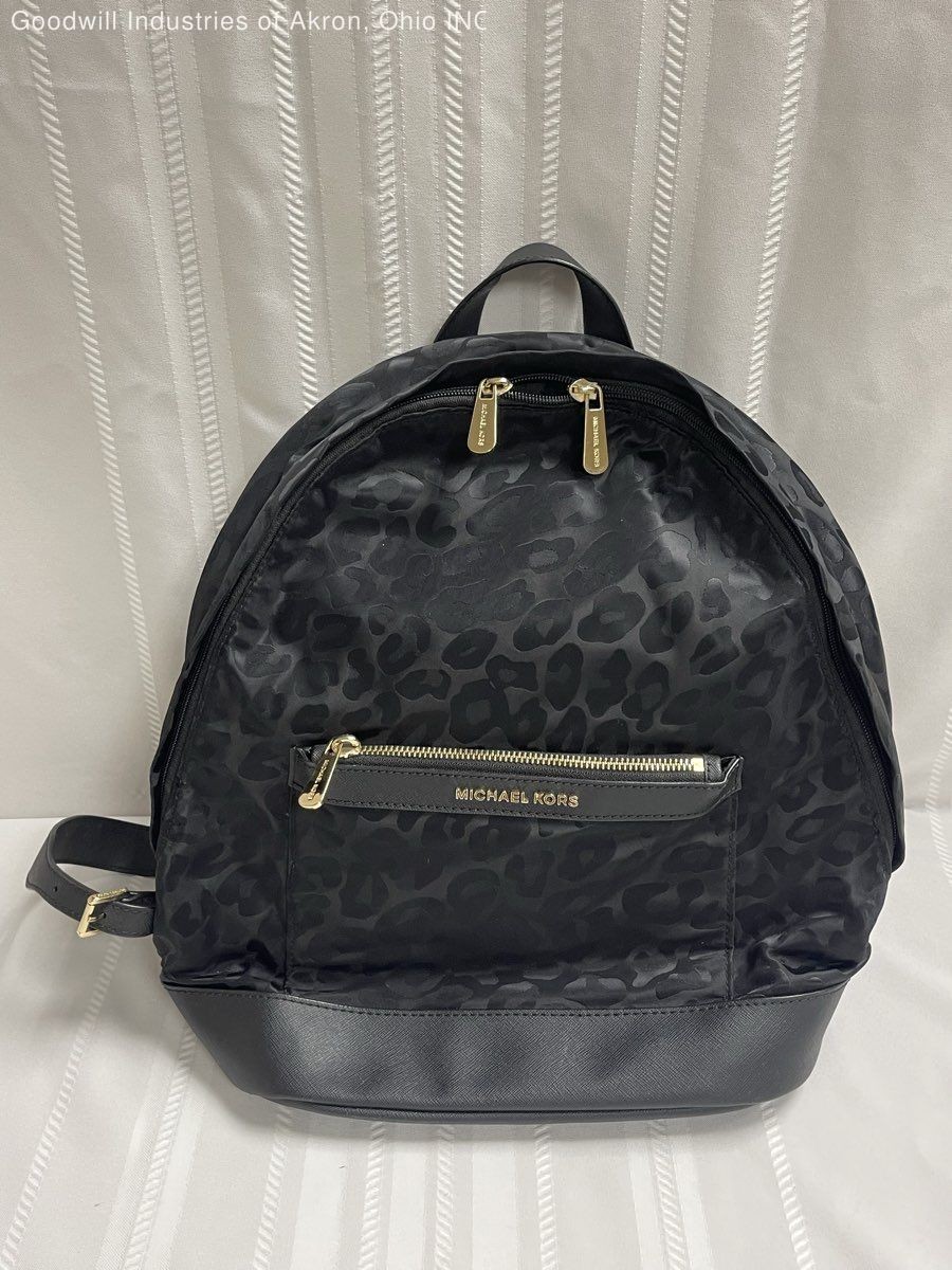 Michael Kors Black Leopard Print Nylon Saffiano Leather Backpack Bag COA