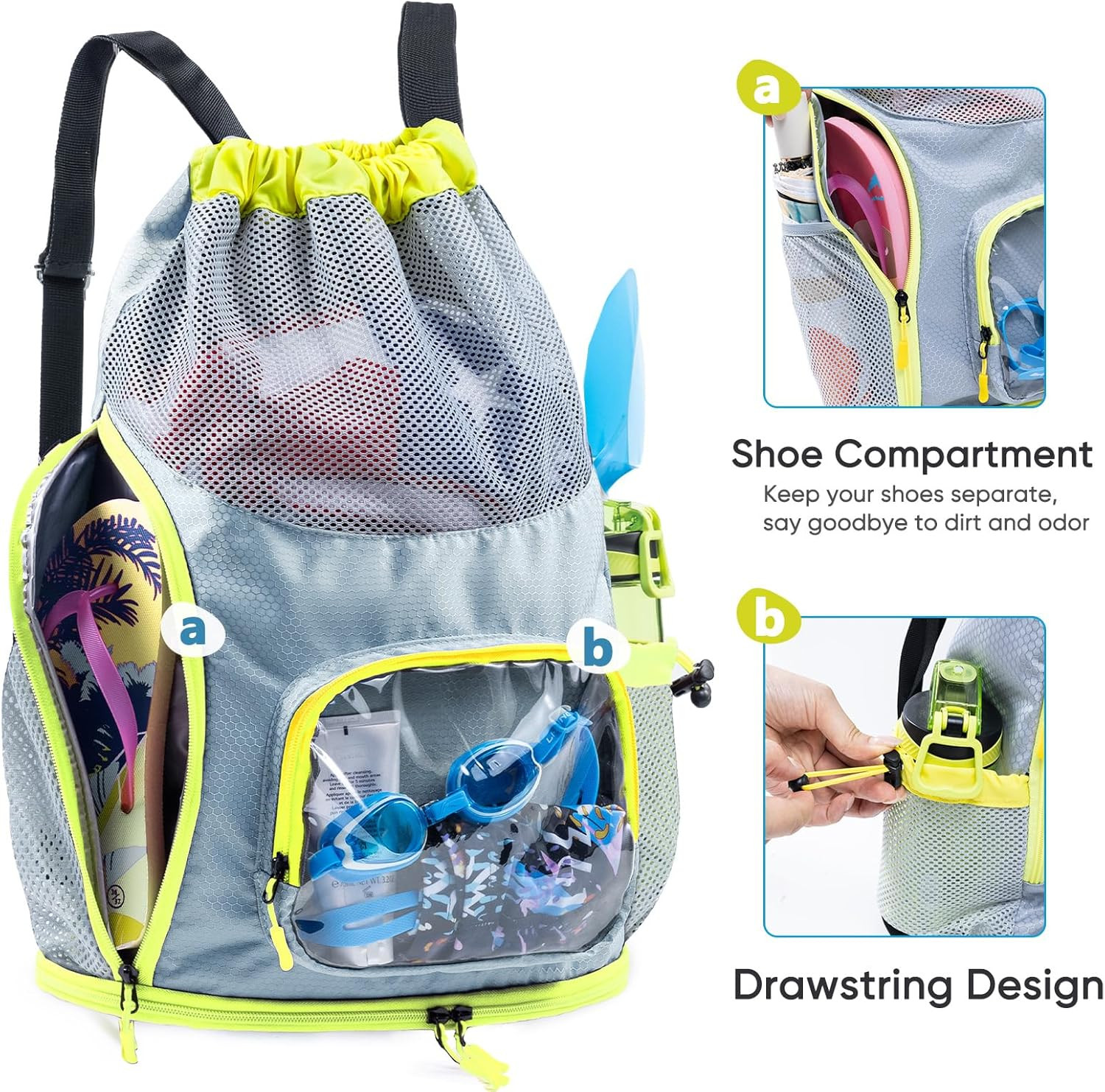 Mesh Drawstring Backpack with Shoe Compartment, Wet Pocket Beach Swim Bag