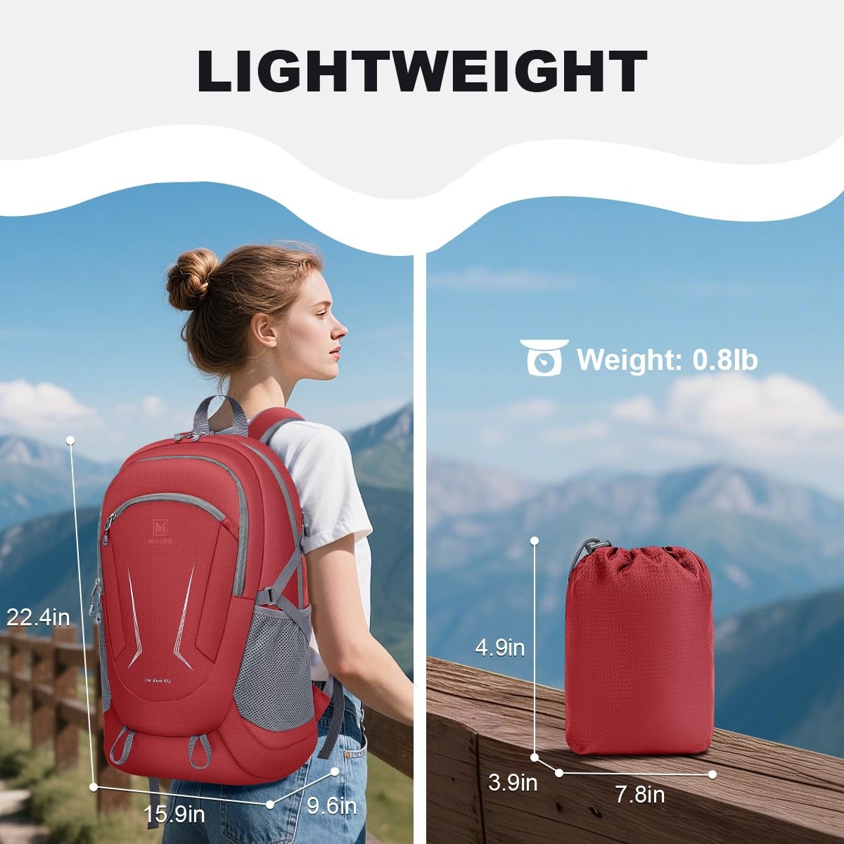 Backpack Ultra Lightweight Packable 45L Hiking Red, Waterproof Foldable Daypack