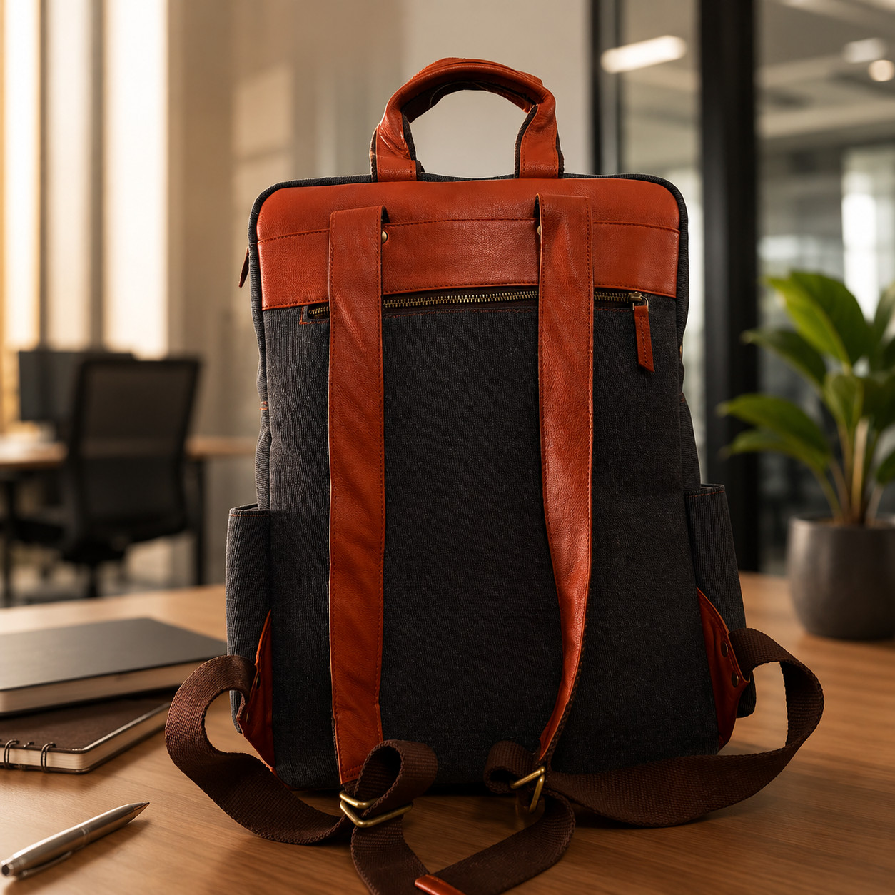 Durable Canvas & Leather Rucksack 18″ Multi-Pocket Travel Shoulder Backpack