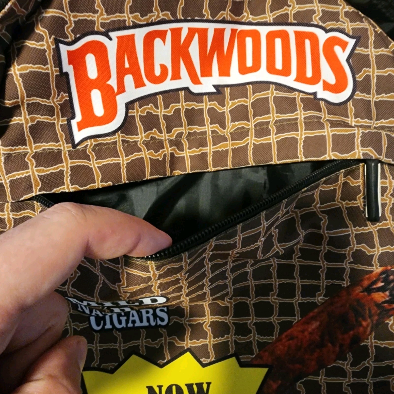 BACKWOODS Cigar Backpack Brown Logo All Natural Tobacco Print School Bag Zip Top