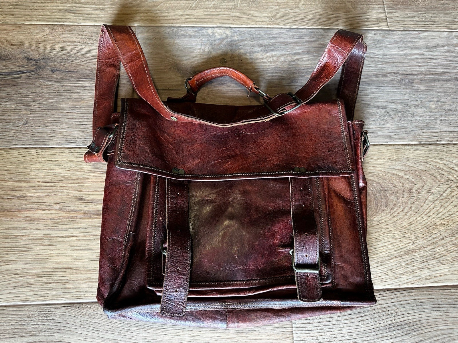 Vtg Messenger Bag Full Grain Leather Briefcase Crossbody Rustic Academia Travel