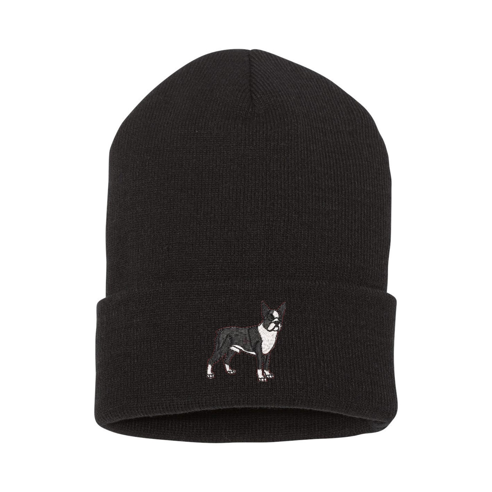 Boston terrier dog embroidered black beanie hat, embroidery winter beanie