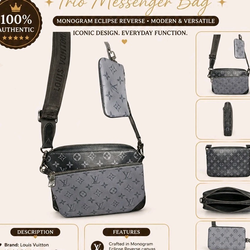Louis Vuitton Trio Monogram Eclipse Reverse Messenger Bag Grey Black Strap