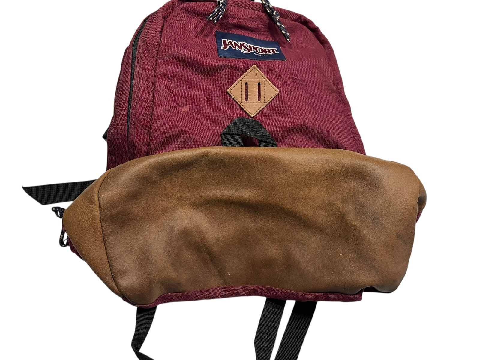 Vtg 90s JANSPORT Red/Brown LEATHER PATCH & BOTTOM BACKPACK Hike Travel Gym Bag