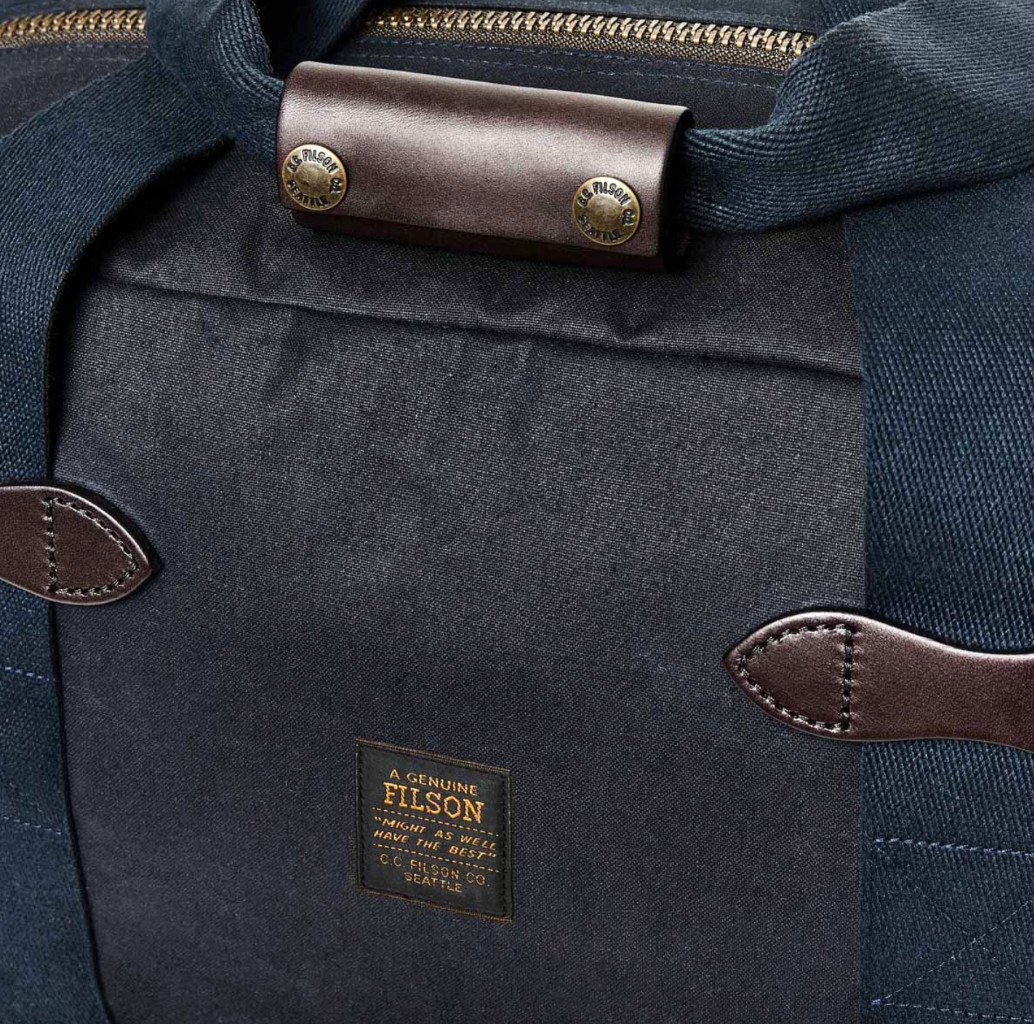 Filson Tin Cloth Duffle Bag Small Tan Navy Waxed Cotton Canvas Bridle Leather