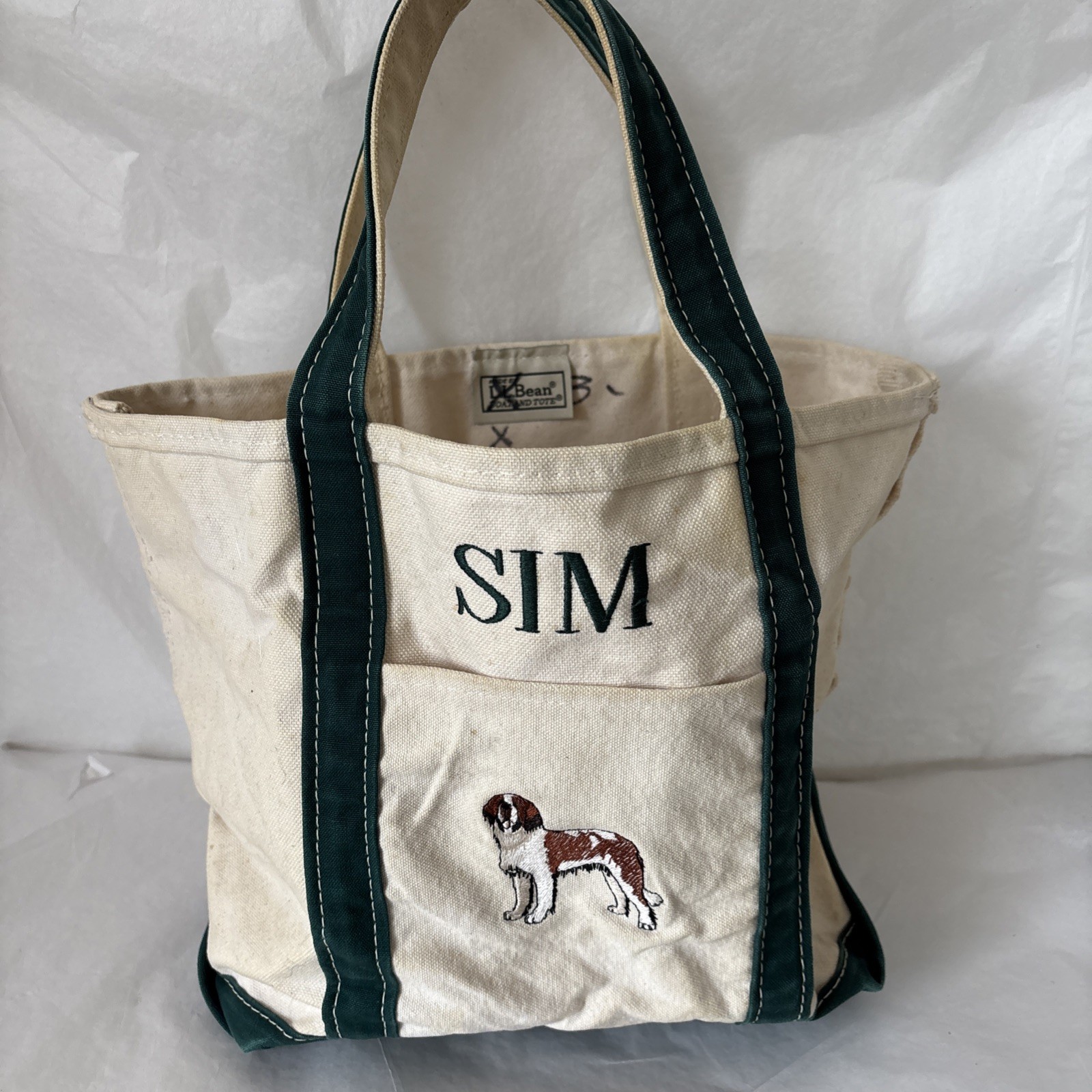 LL Bean Boat Tote Bag Vintage Small Dog St Bernard Green Heavy Canvas Vtg