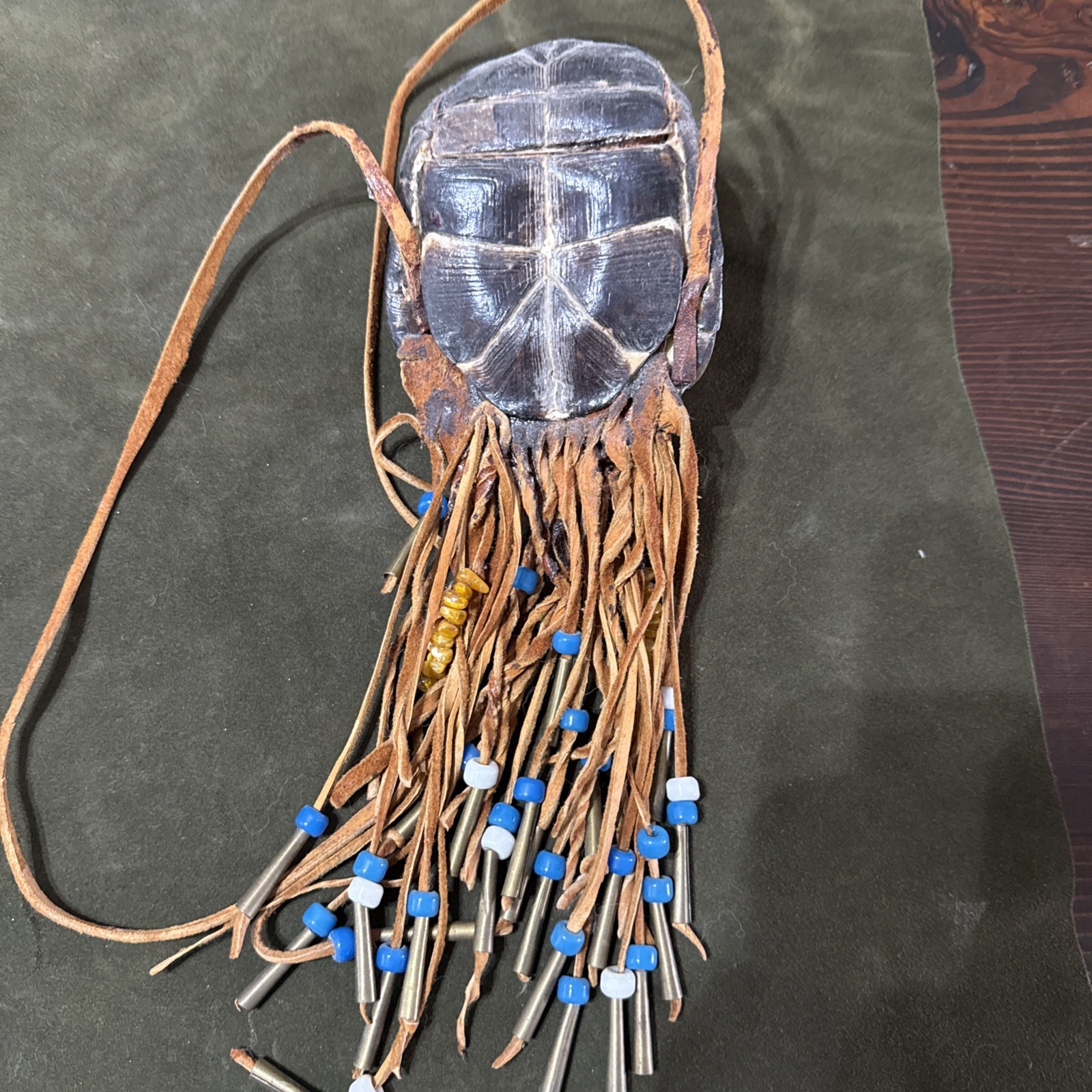 VINTAGE Hand Made Turtle Shell Medicine Bag Stash Purse Beaded Fringe Taxidermy