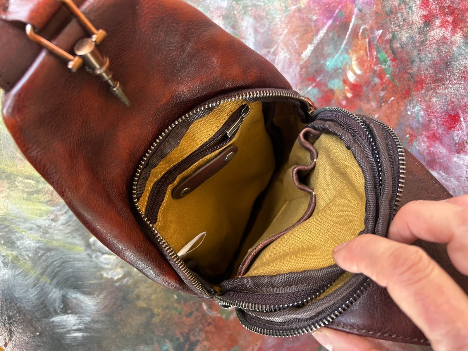 Reddish Brown Leather Sling Bag, Multi-Compartment, Medium Size, Unbranded