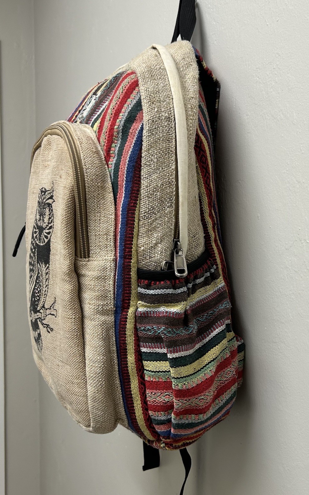 Himalayan Hemp THC Free Handmade Backpack Unisex Owl Multi Colors Boho Hippie