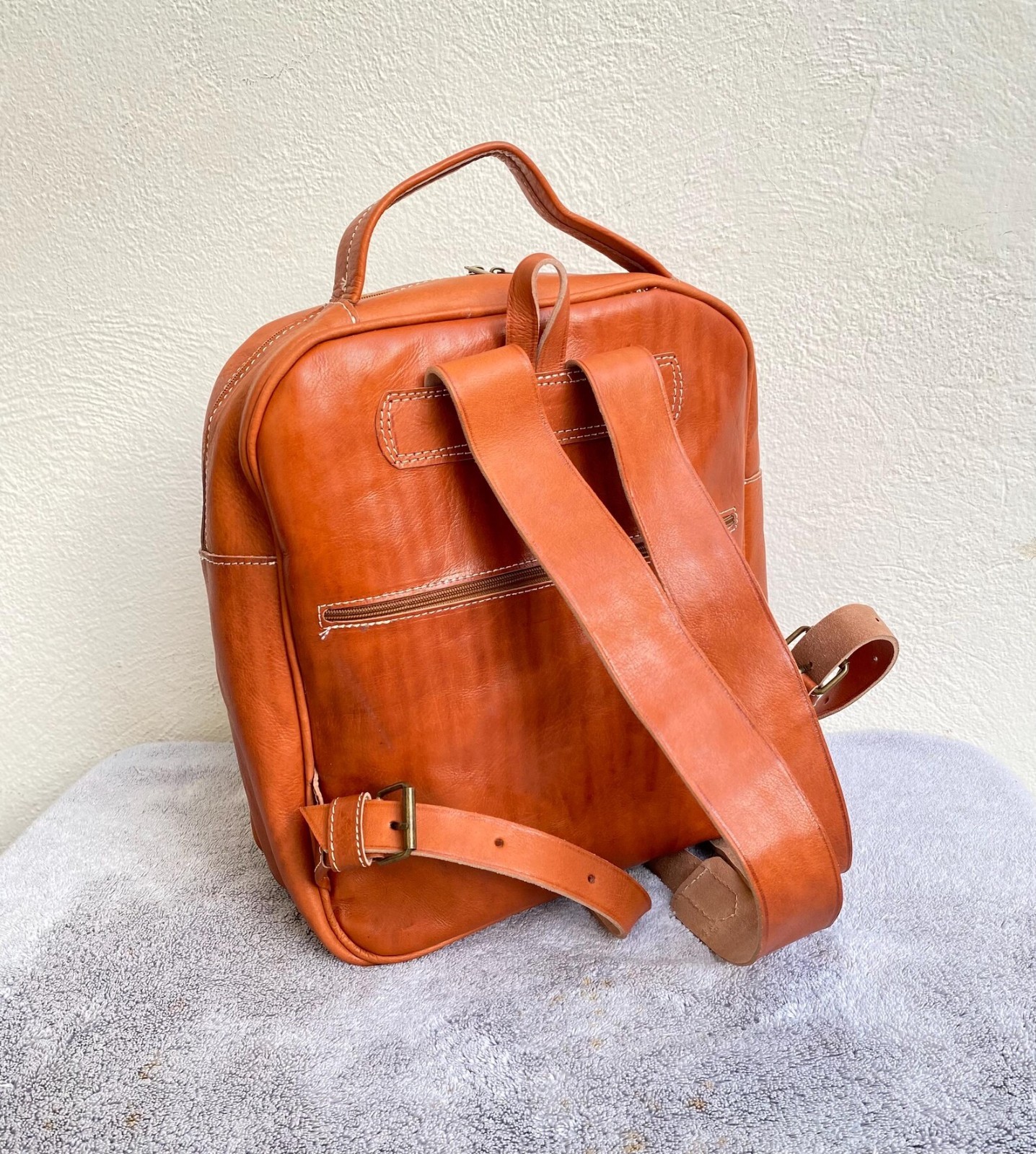 Handcrafted Genuine Leather Backpack – Cognac Color | 45 × 33 cm | Handmade