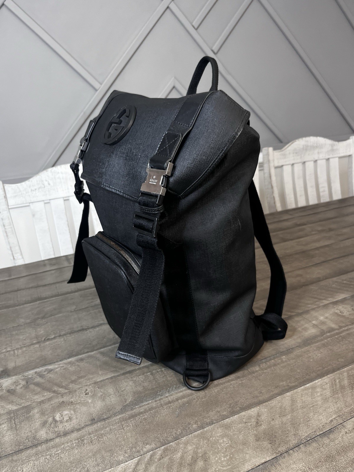 Gucci Interlocking G Backpack Black Coated Canvas Large Travel Bag 246321